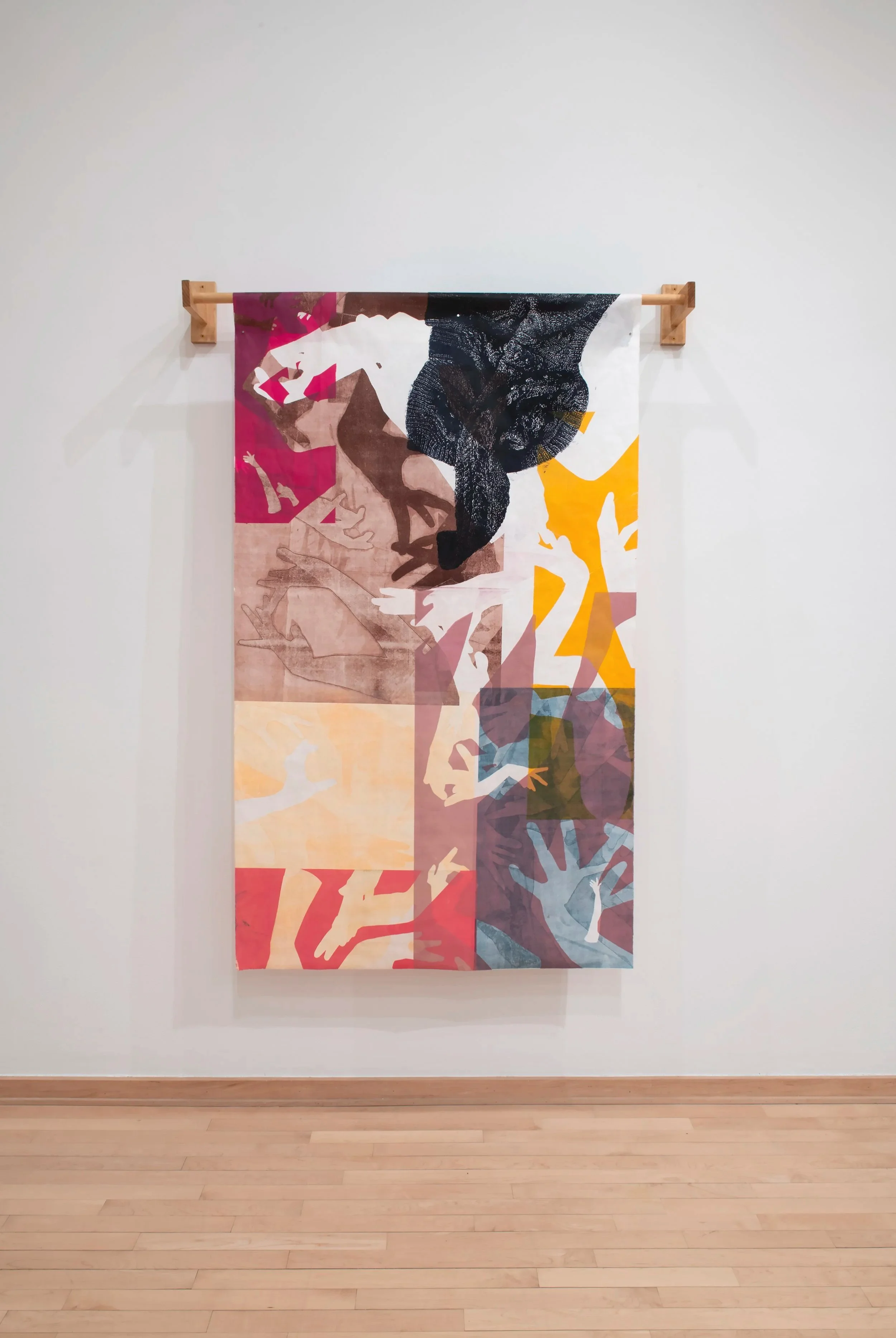"Working Hands,"

Mono print on Mulberry Paper, Wood 

72” x 40” x 6” 

Photo credit: John Carlano 