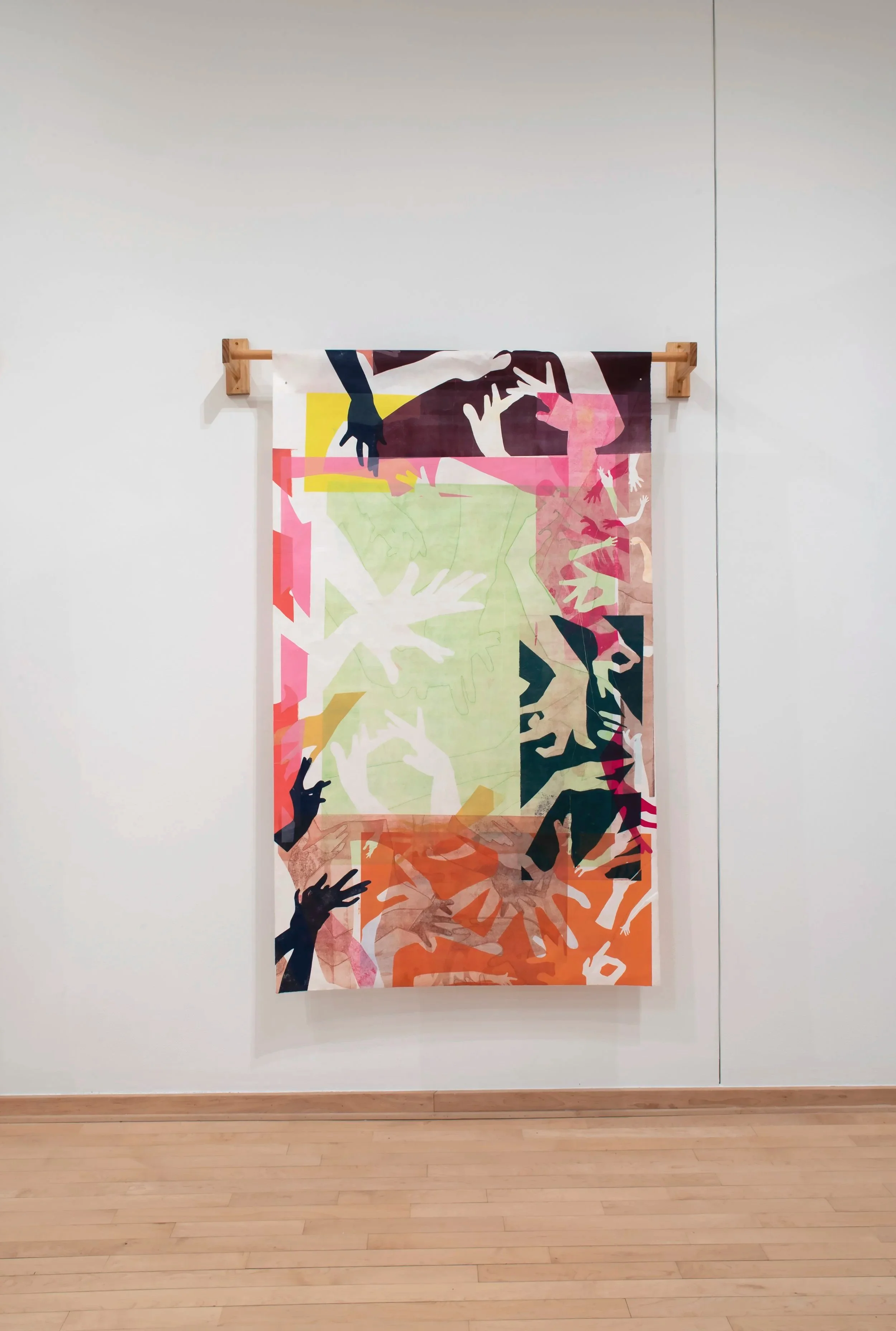 "Working Hands,"

Mono print on Mulberry Paper, Wood 

72” x 40” x 6” 

Photo credit: John Carlano 