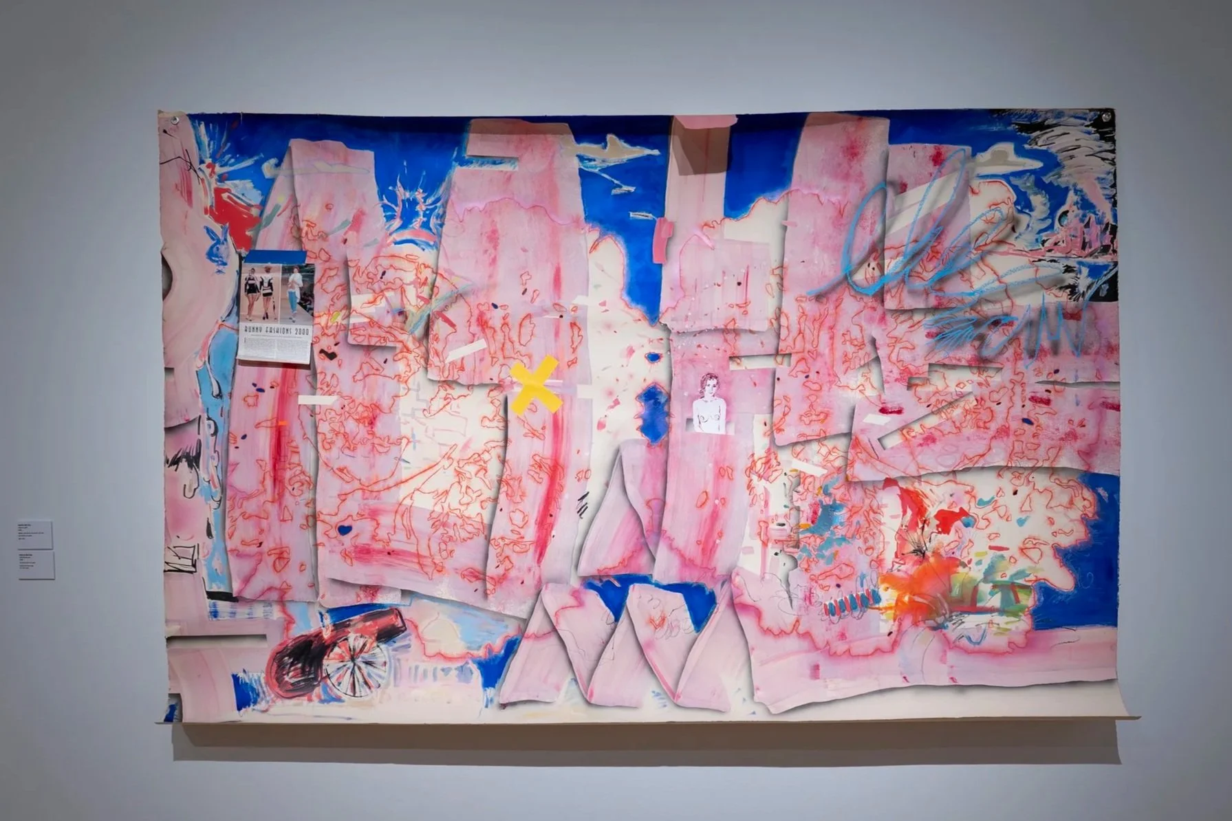 Marta Murray ,
atlas as a girl,
2026, 
Batter, pink slime, oil, acrylic, ink, and  
grommets on paper. 
90" x 112" 