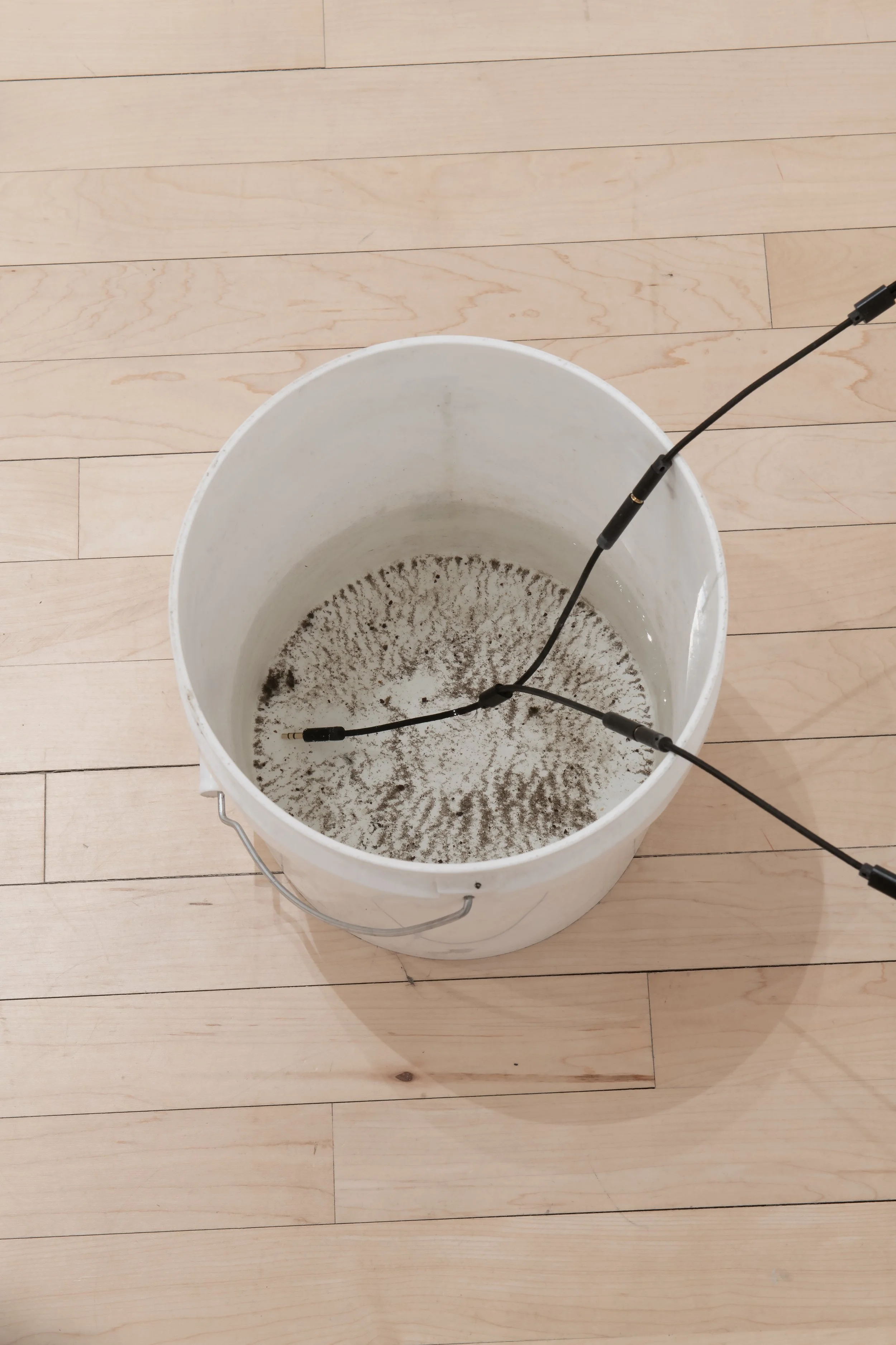 "Snow collected on the day the US and Israel bombed Iran" (detail)
Snowmelt, bucket, headphones, headphone splitters. 108" x 72" x 23".
Photo credit: John Carlano.