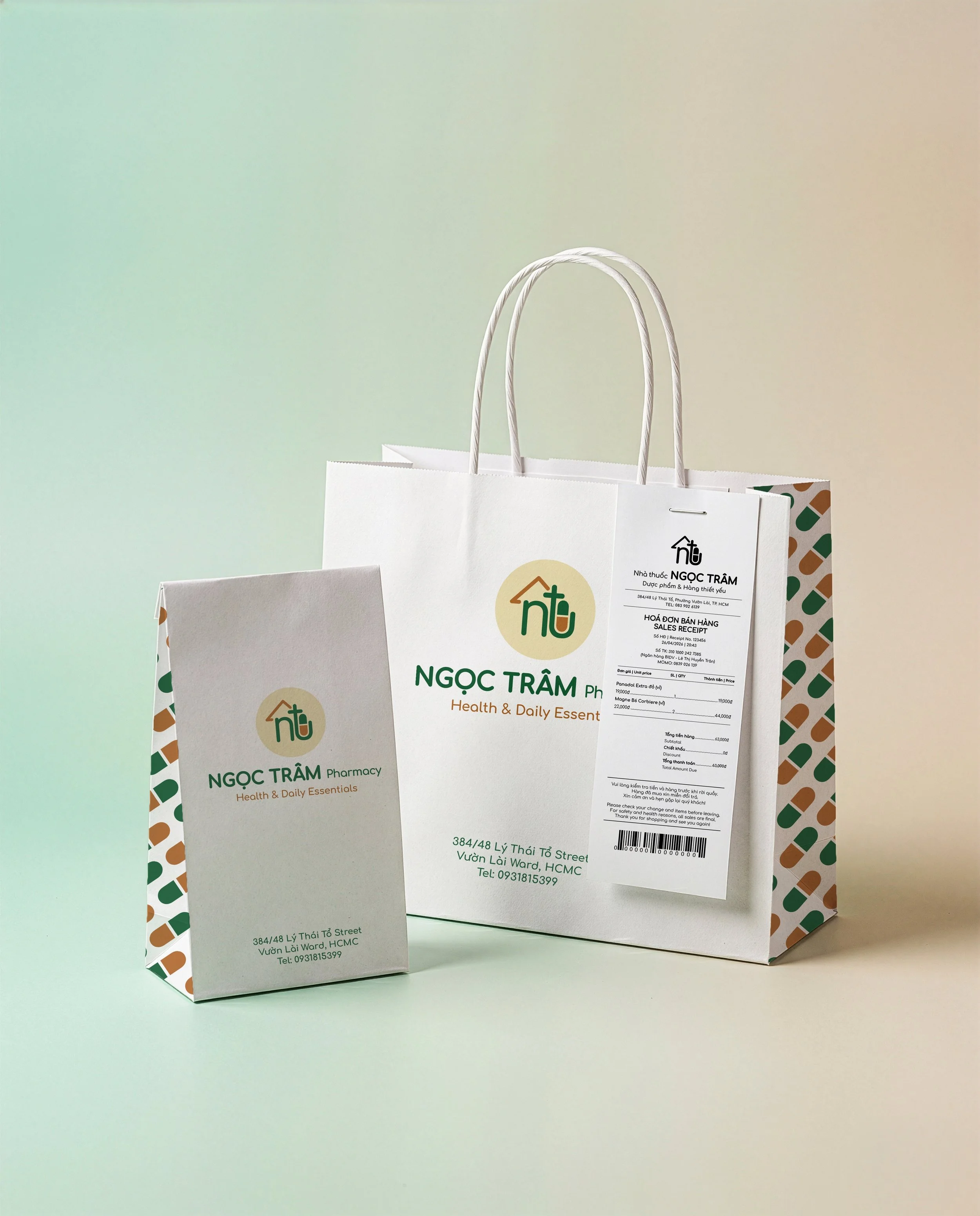 "Ngoc Tram Pharmacy: A Neighborhood Health and Essentials Brand" 
Bilingual pharmacy shopping bags and receipt. Inkjet print on paper, paper bags, and printed receipt. Dimensions variable. 