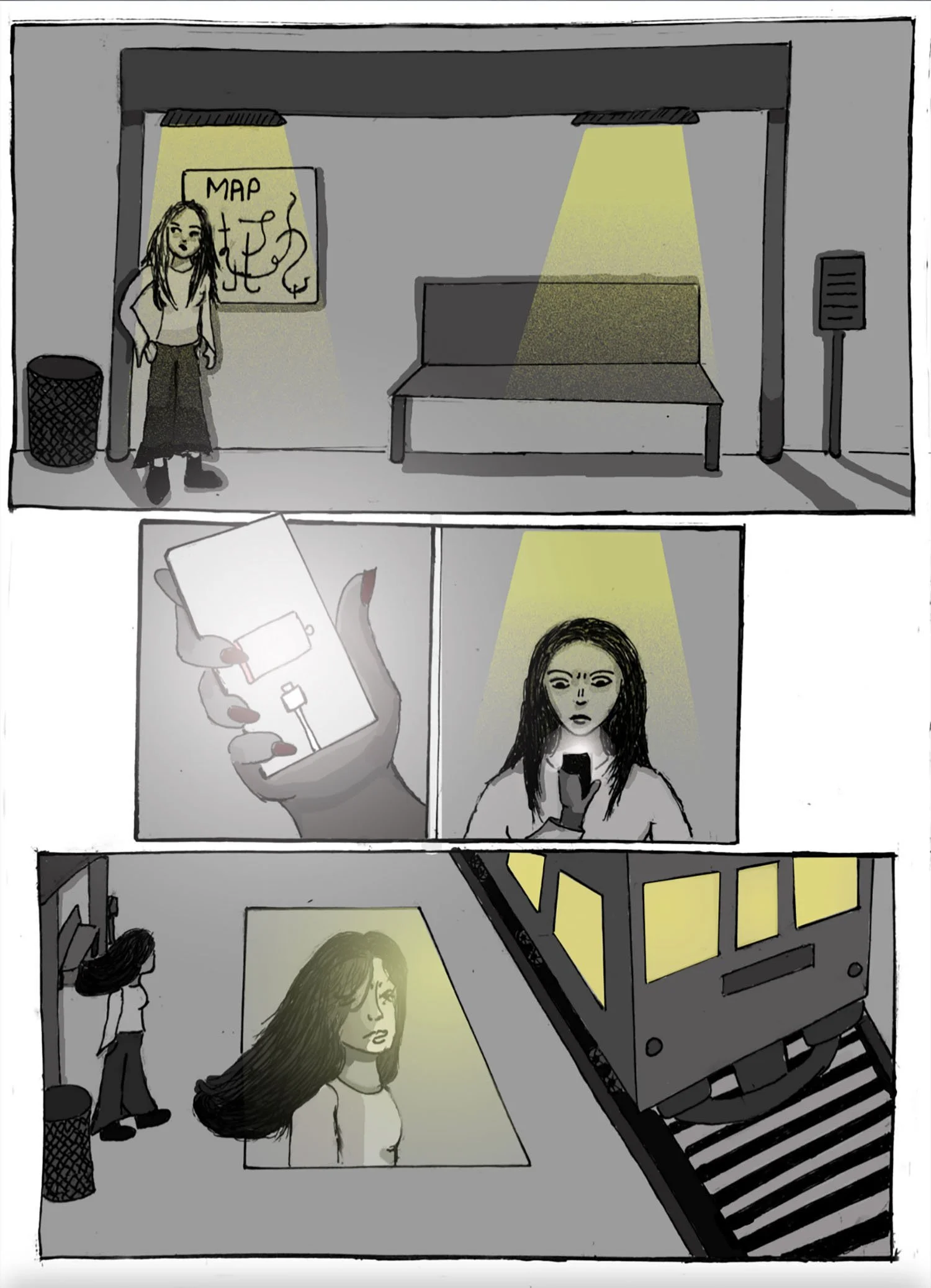 "Train Station" (page 1), 2026, Ink on paper and photoshop, 8" x 10"