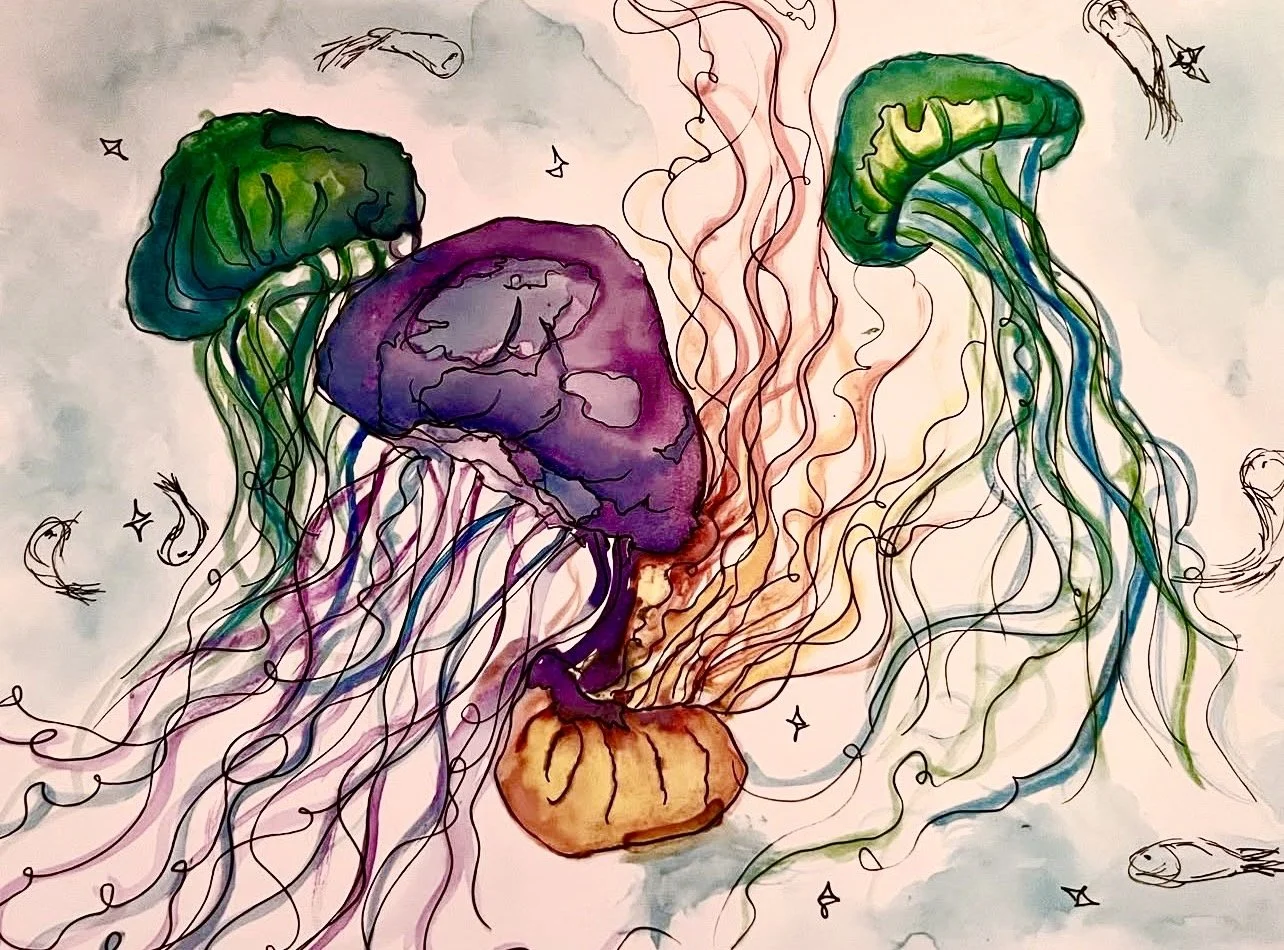 "Jellyfish" 2024, Watercolor & pen on paper, 9" x 12"