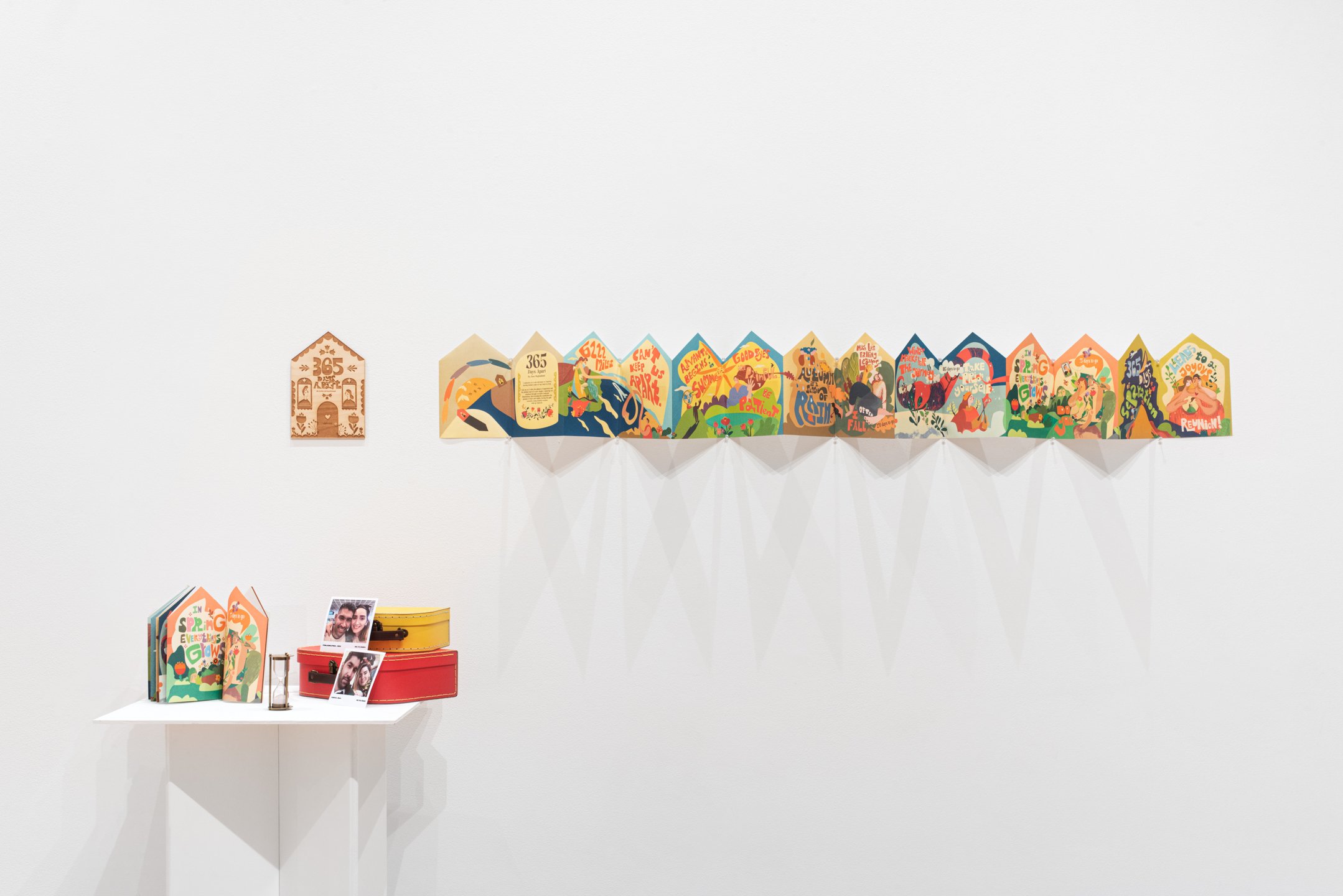 "365 Days Far Apart" 2025
Installation view. Illustration, book design, calendar. Wood cover. 6" x 65".
Photo credit: Neighboring States
