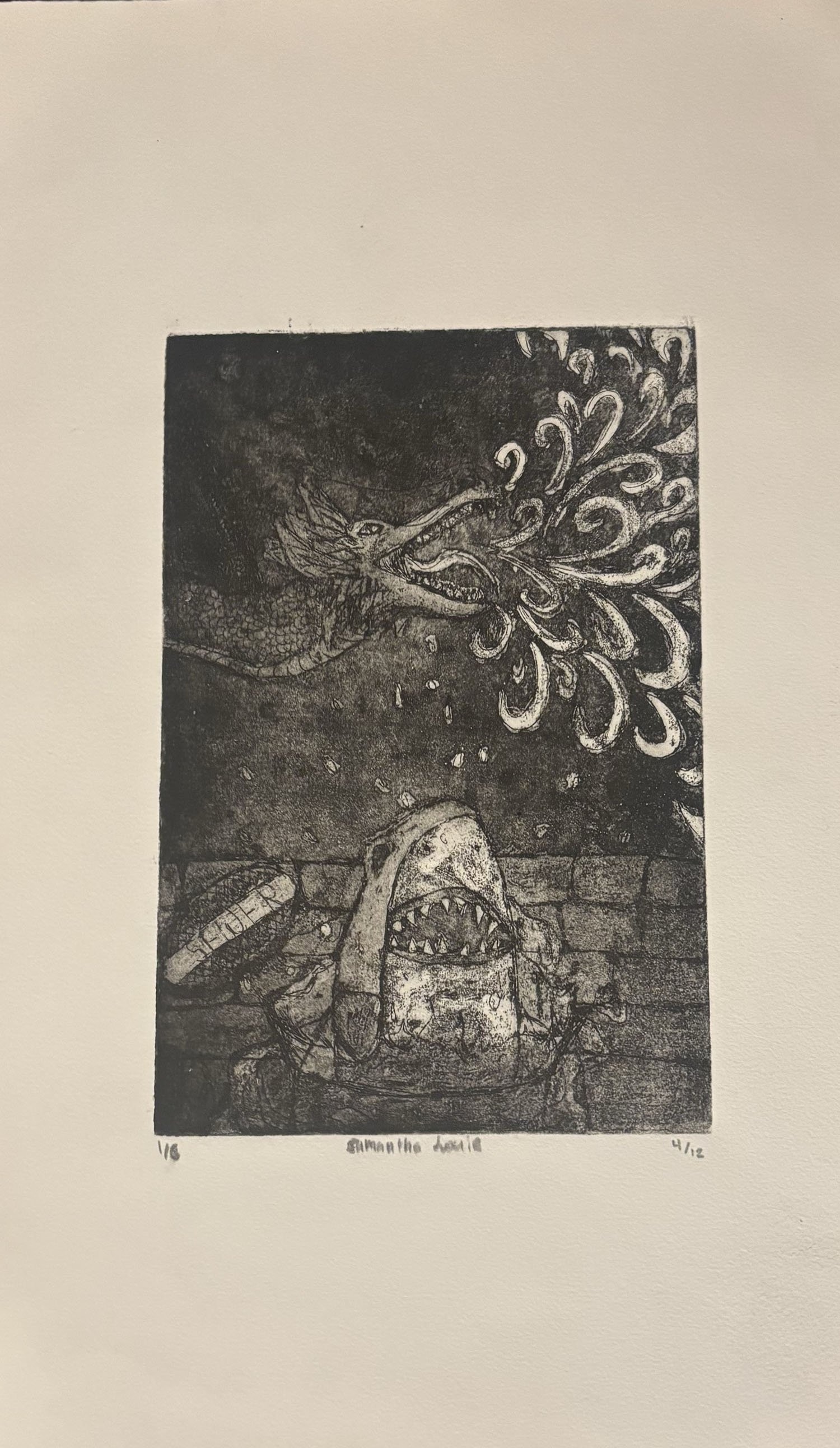 "Childhood Creation" 2025, Zinc Etching on paper and ink 10.5" x 17"