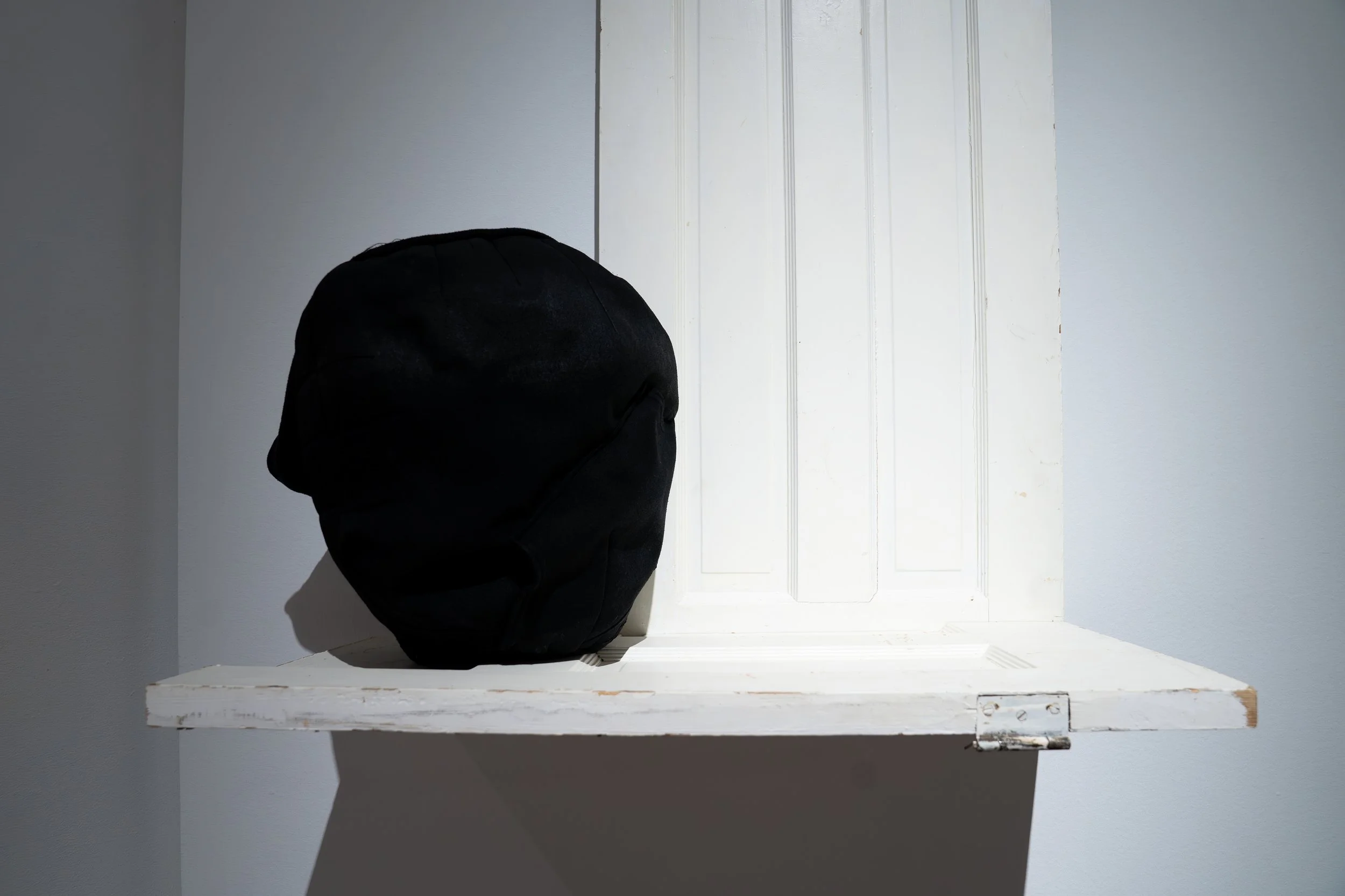 Rich Brown, 
Perpetrator, 
2026, 
Repurposed door; repurposed sweatshirt. 
Dimensions variable 