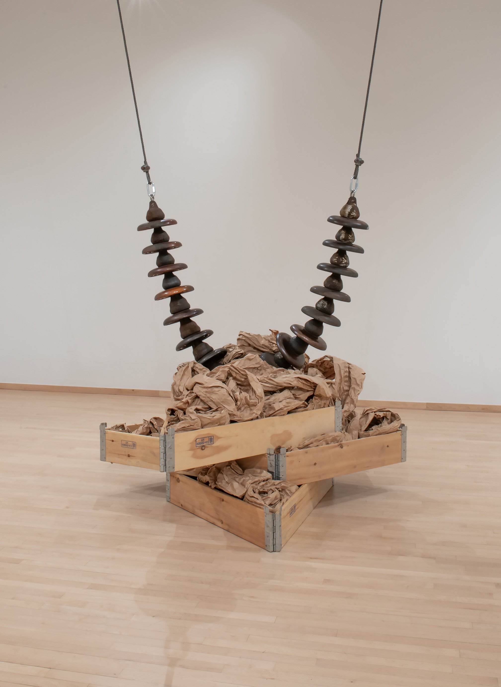 "Dielectric Orientation," 

Porcelain, cast iron, copper, steel, packing paper and wood, 

73”x84”x84”, 

Photo Credit: Johno Carlano 
