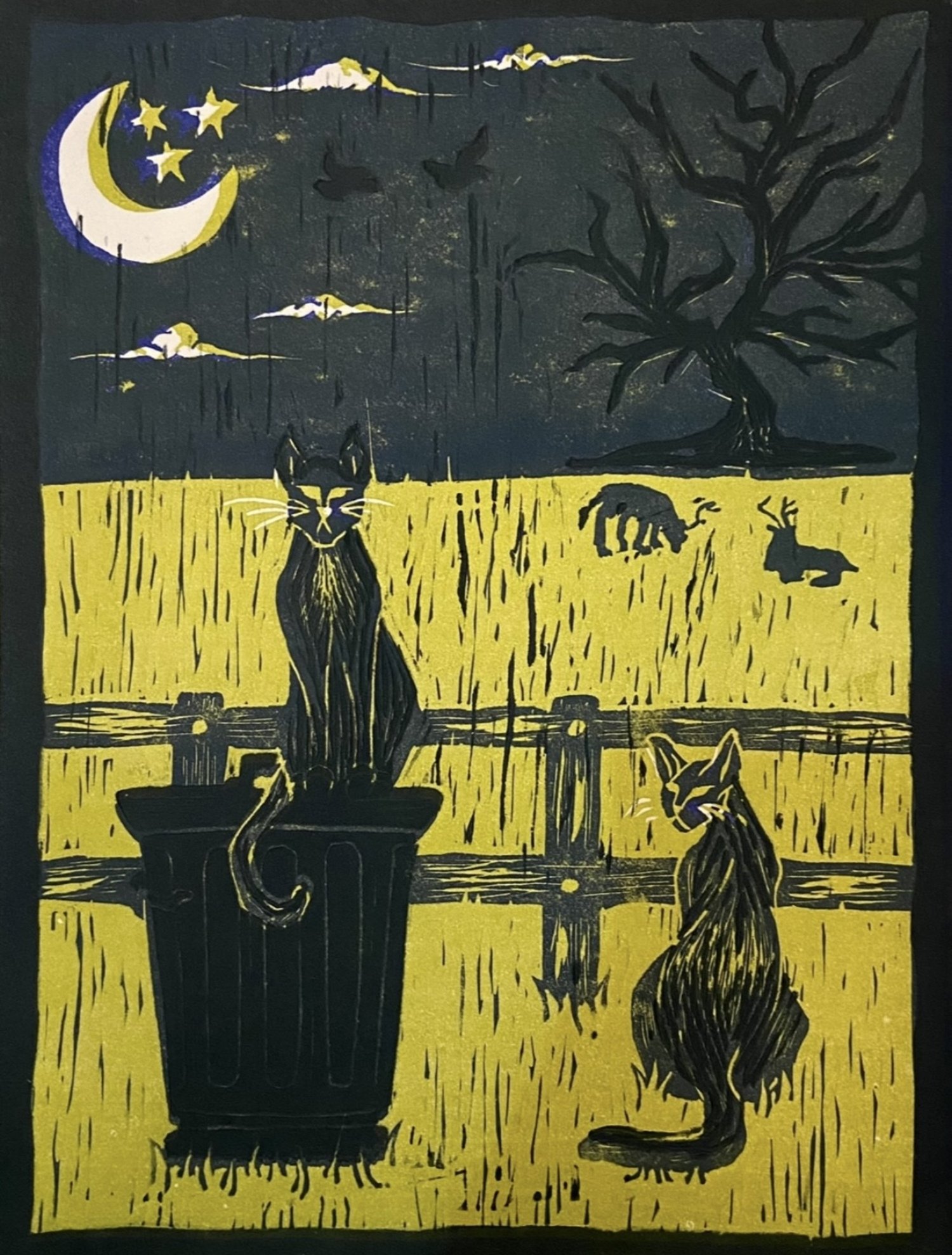 Tom Cats, 2023, linoleum relief print with ink, 8.5 x 11