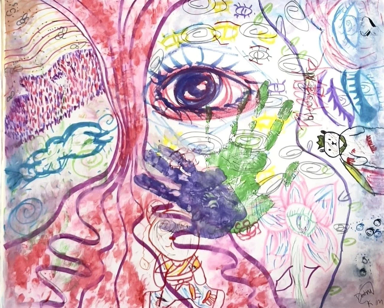 "Childhood" 2023, Markers, pen, and acrylic paint on paper, 18" x 24"