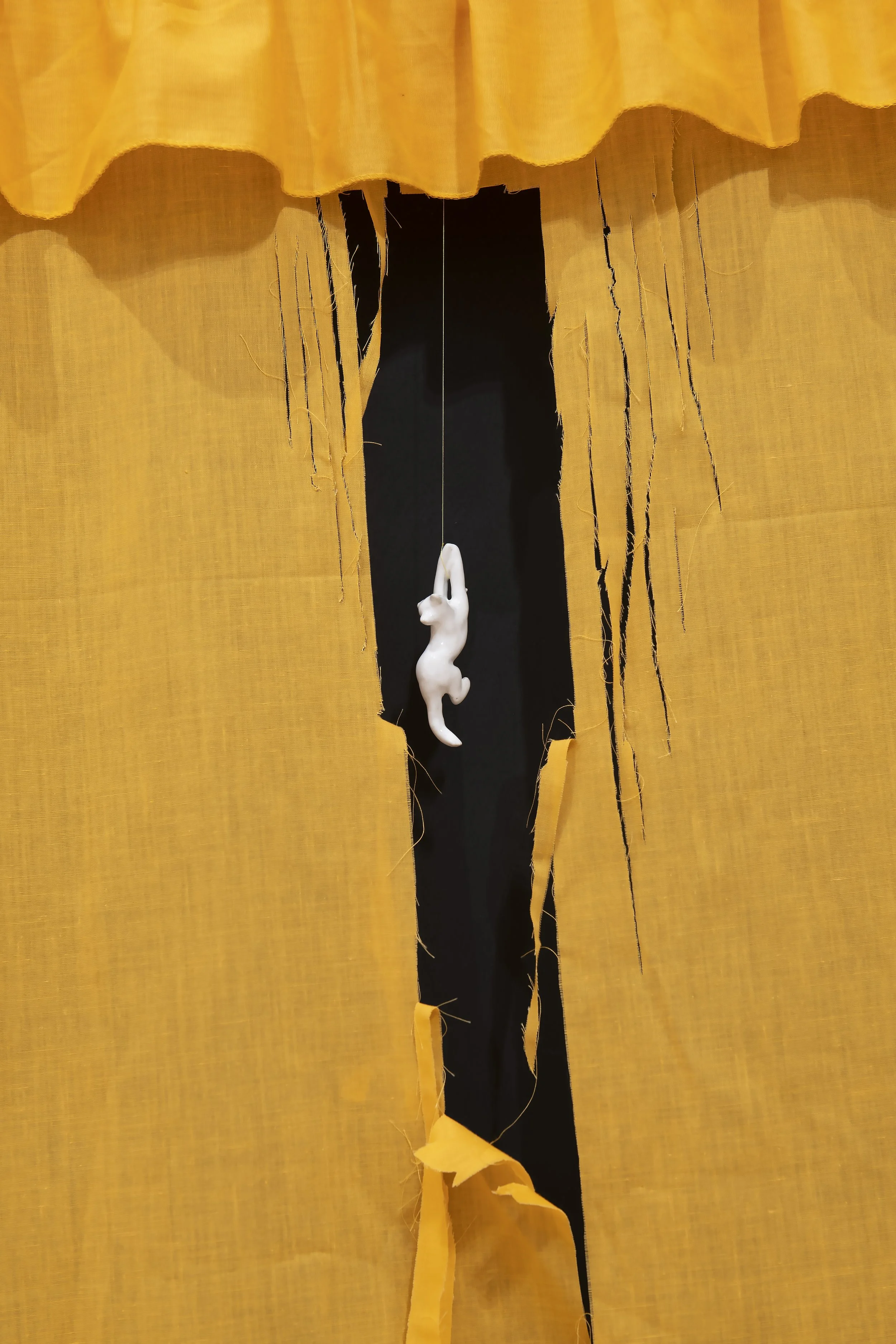 Untitled (Cat Face) (detail) 

Found Material, Thread, Wallpaper, Plywood, Acrylic Paint, Cat Sticker, Ceramic Cat figurines 

Dimensions Variable, Photo Credit: John Carlano