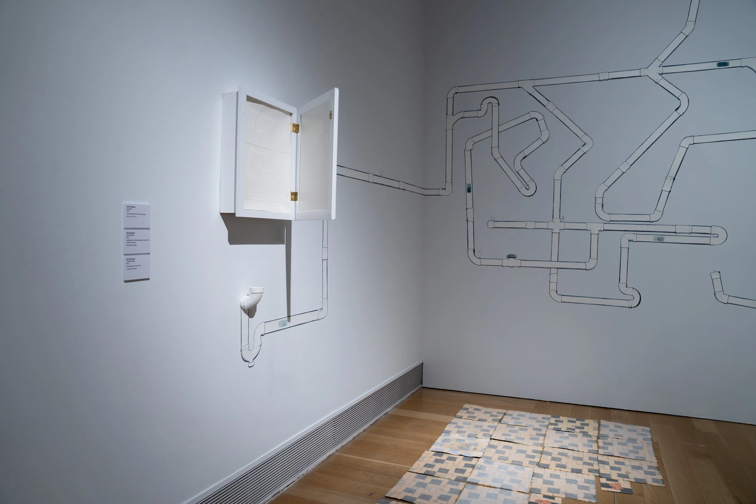 Jess Santana, 
Outside In,
2026, 
Mirrored bathroom cabinet, cast paper. 
19 1/4" x 15 1/4" x 5" 
and 
Jess Santana,
Shedding Weight, 
2026, 
Handmade paper, artist's hair. 
Dimensions variable 