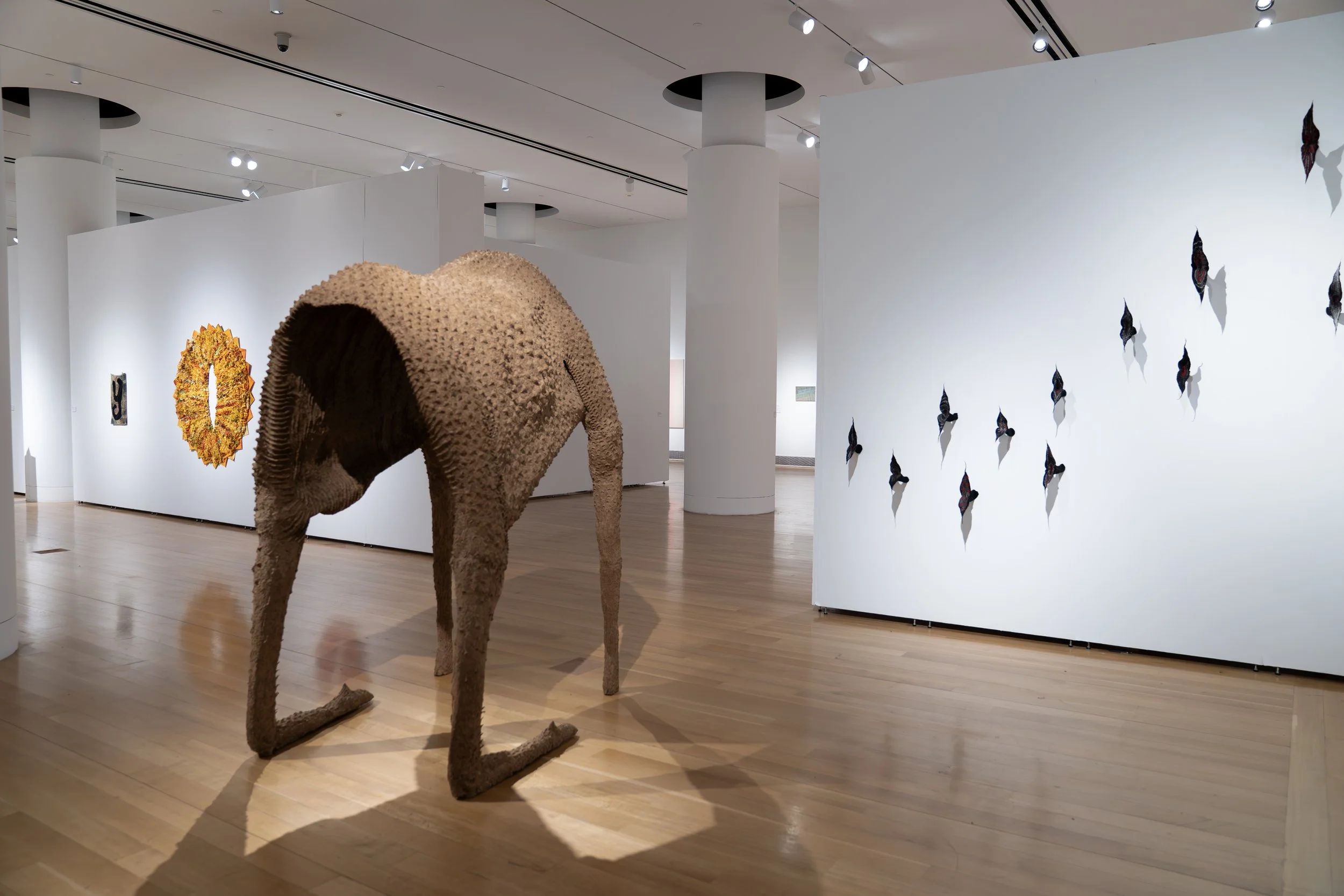 Lena Ruth Schwartz, 
Moose Husk,
2026, 
Cardboard pulp, glue, chicken wire, wood, PVC. 
87" x 60" x 44"
and
Lena Ruth Schwartz, 
Flock, 
2026, 
Wool. 
Dimensions variable