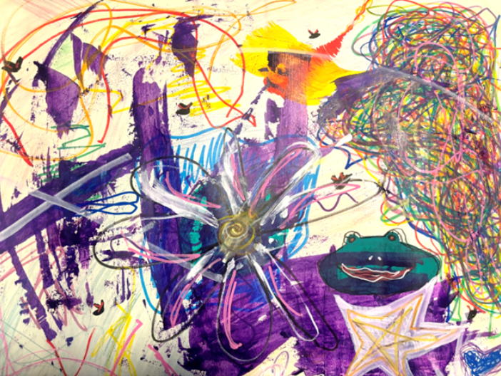 "Frog, Flies, and Flowers" 2023, Mixed Media, 16" x 20"