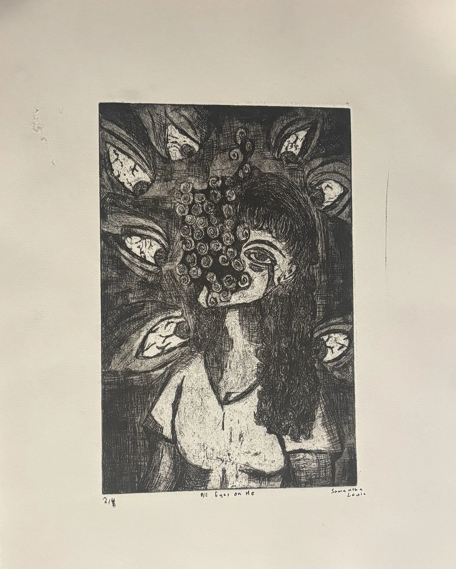 "To be Perceived" 2025, Etching on paper and ink 11.5" x 14"