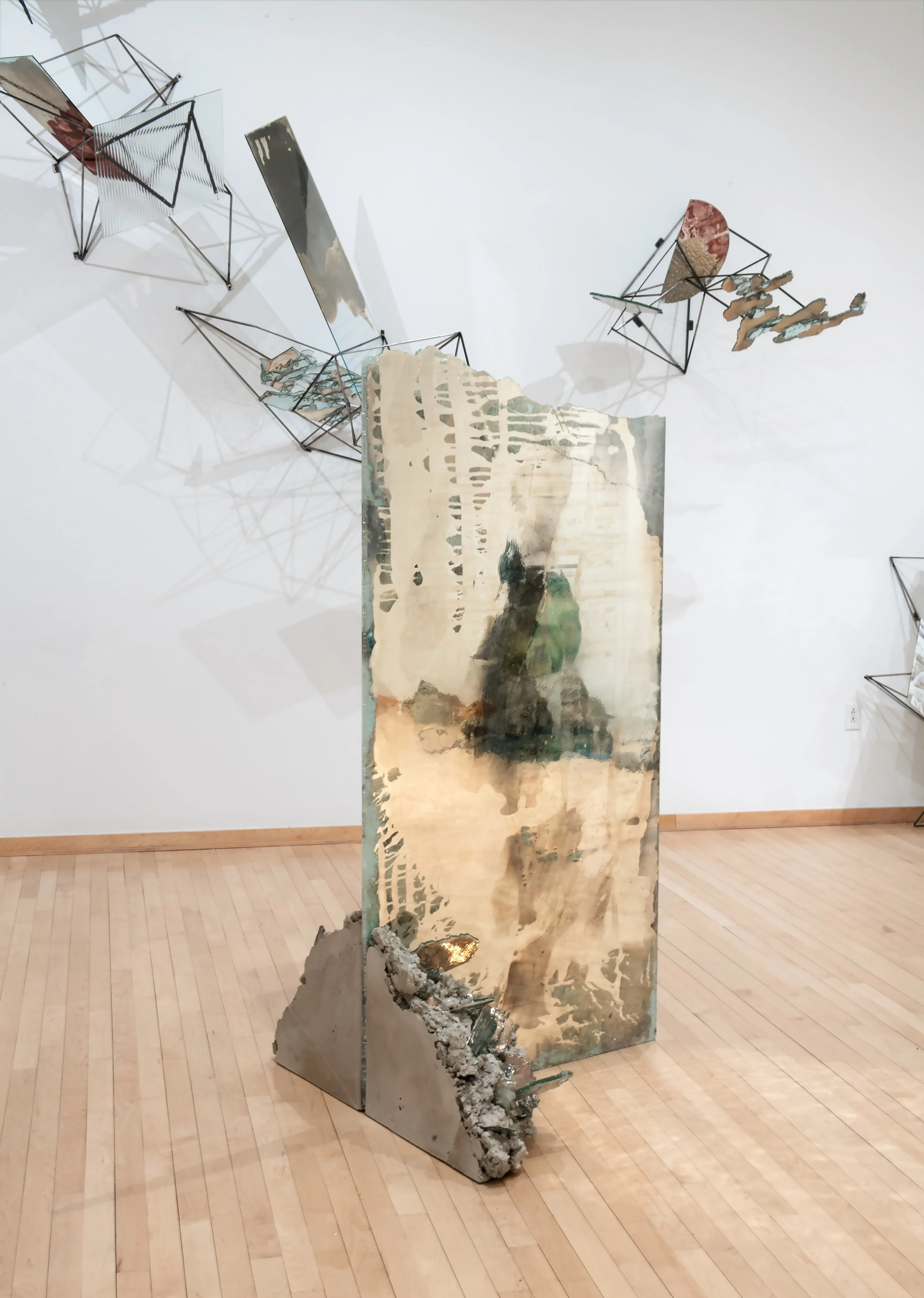 "Speculative Atlas" (detail) 

Installation: Reclaimed glass, silver, steel, concrete, mixed media painting on mylar, cyanotype on paper and silk, archival inkjet print, resin. 

Dimensions variable. Photo Credit: John Carlano