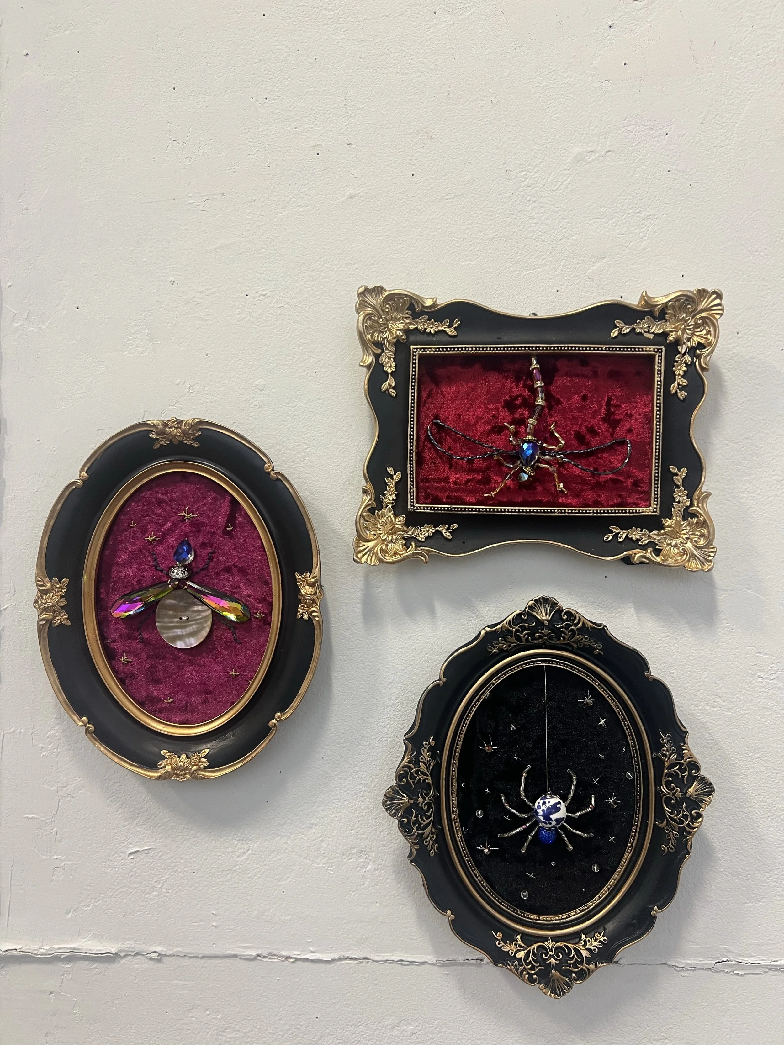 "Jewel Bugs" 2026. Crushed velvet, beads, thread. 5 x 7 in 