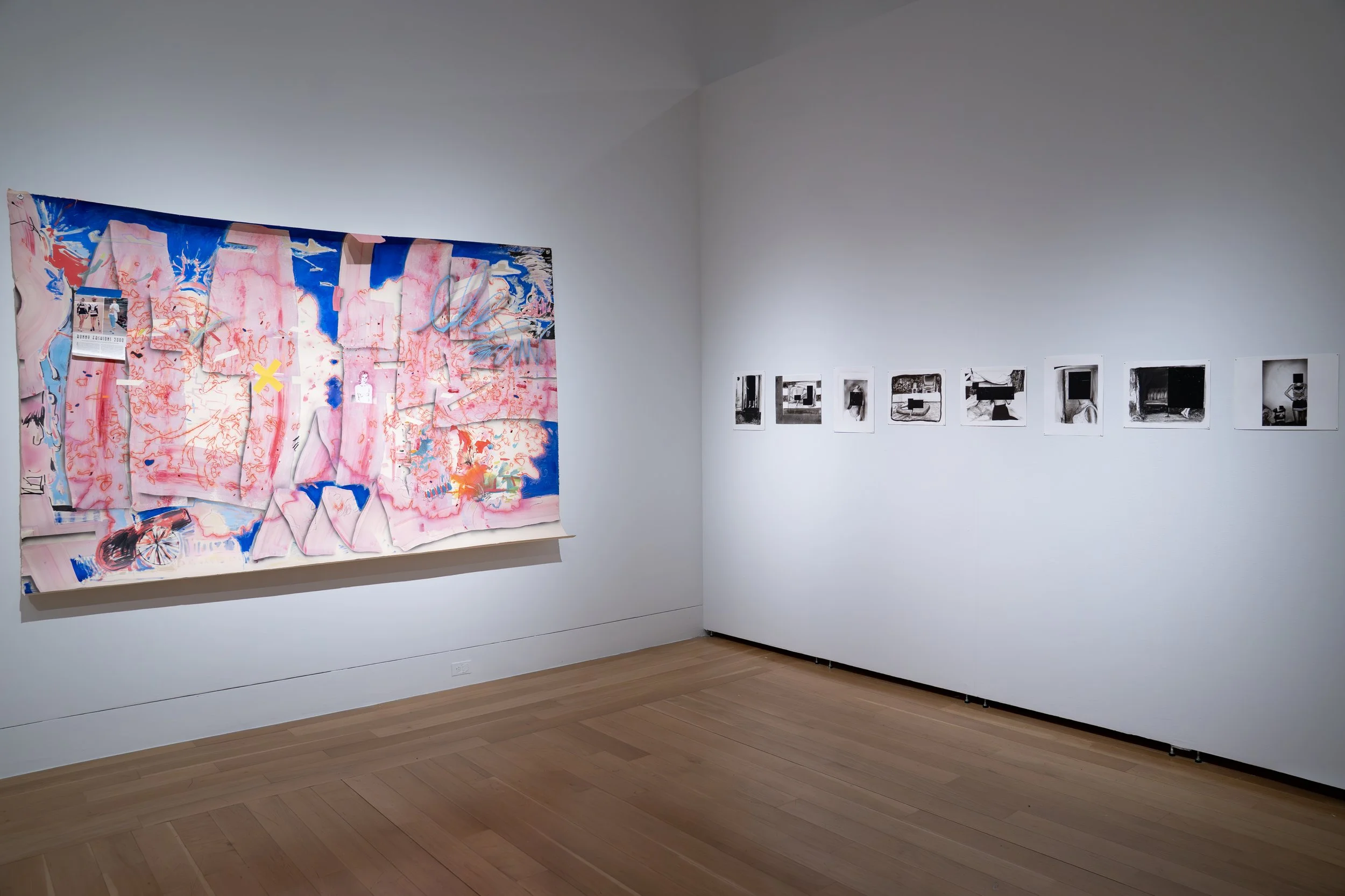 Marta Murray ,
atlas as a girl,
2026, 
Batter, pink slime, oil, acrylic, ink, and  
grommets on paper. 
90" x 112"
and
Marta Murray, 
DOJ disclosures, 
2026, 
Ink and acrylic on paper. 
Series of 9 drawings.  
11" x 14" each
