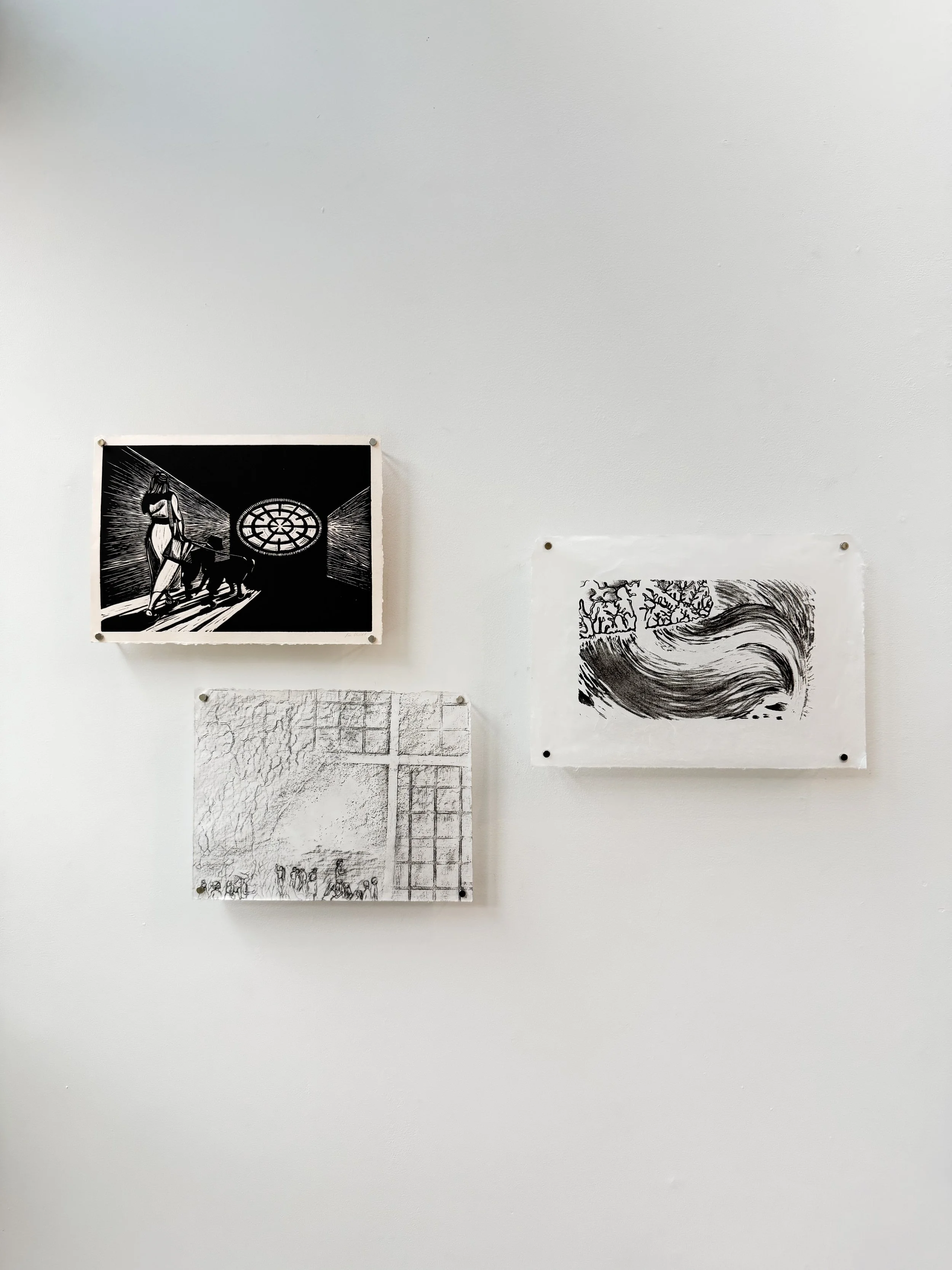     Top left: "Boxers with Tails" linoleum relief print, 2024, 9" x 12", Bottom left: "Not a Grid City," frottage, and drawing, 2024, 9" x 12", Center right: "Graining" stone lithograph, 2024, 10" x 13"  