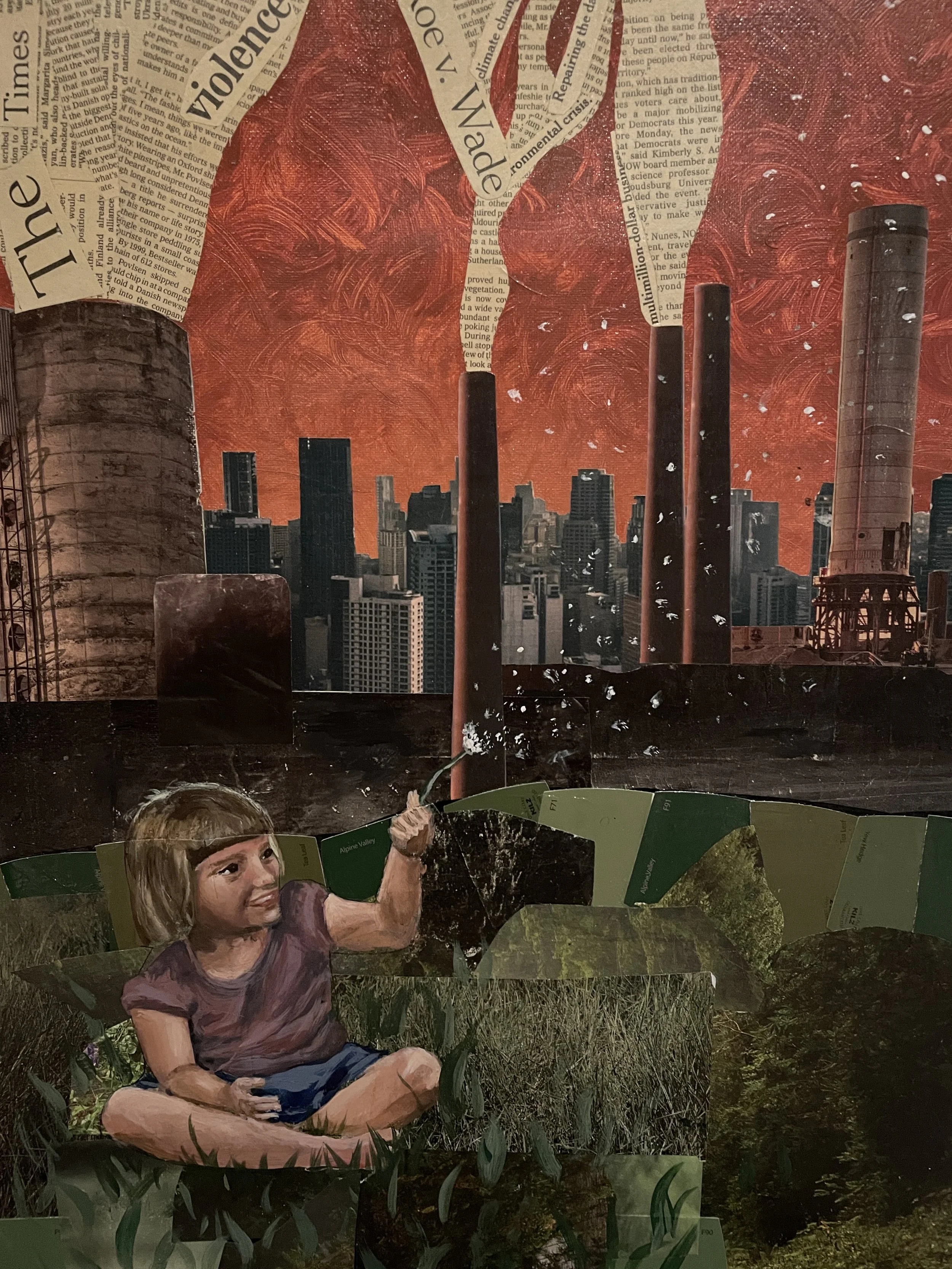 "Innocence at Play" acrylic paint and collage on canvas, 2022, 9 x 12’’ 