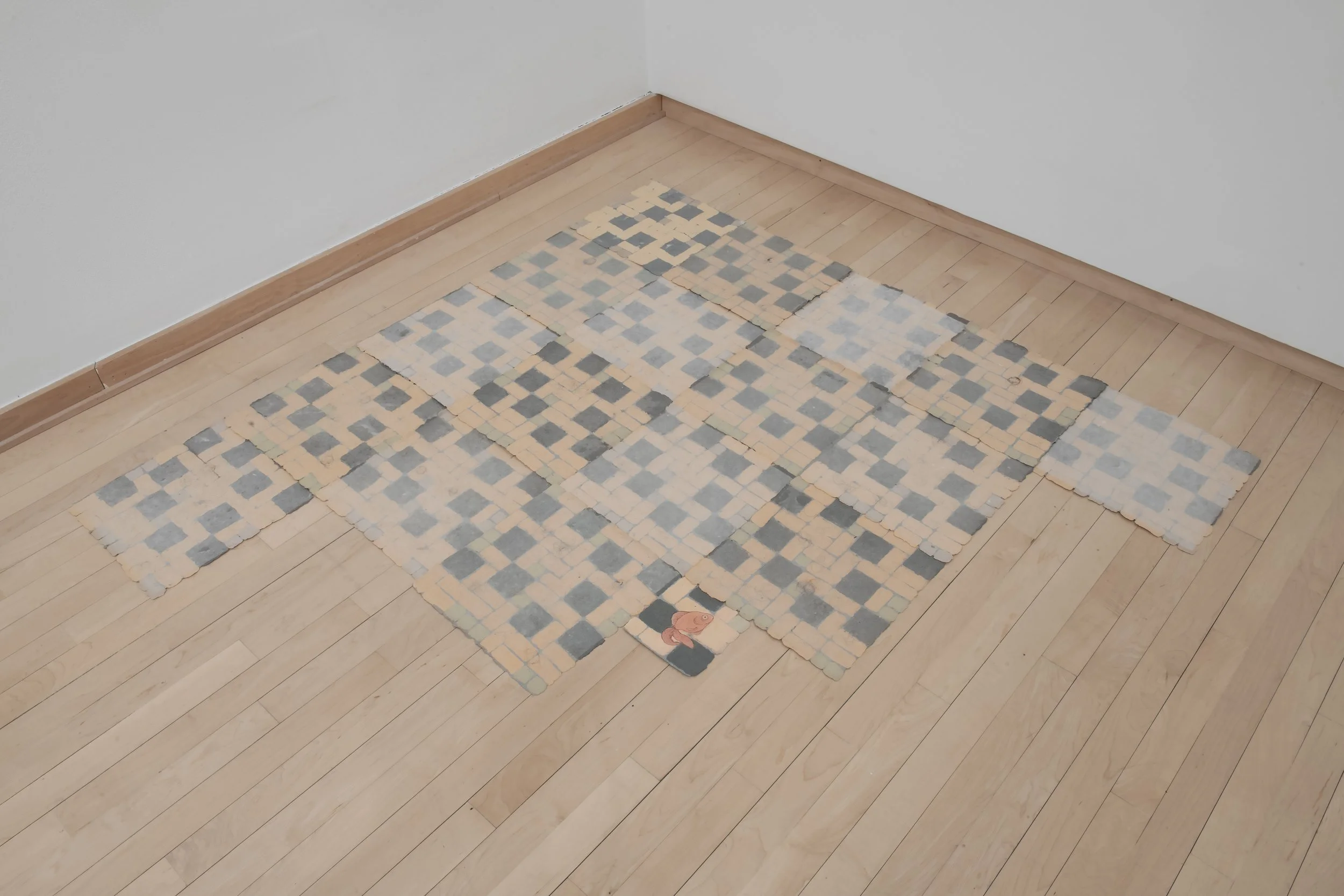 "Shedding Weight"
Installation view
Handmade paper, artist’s hair. Dimensions 
variable 
"Ground"
Installation view
Handmade paper, etching, colored pencil. 5.5” x 5.5”
Photo credit: John Carlano
