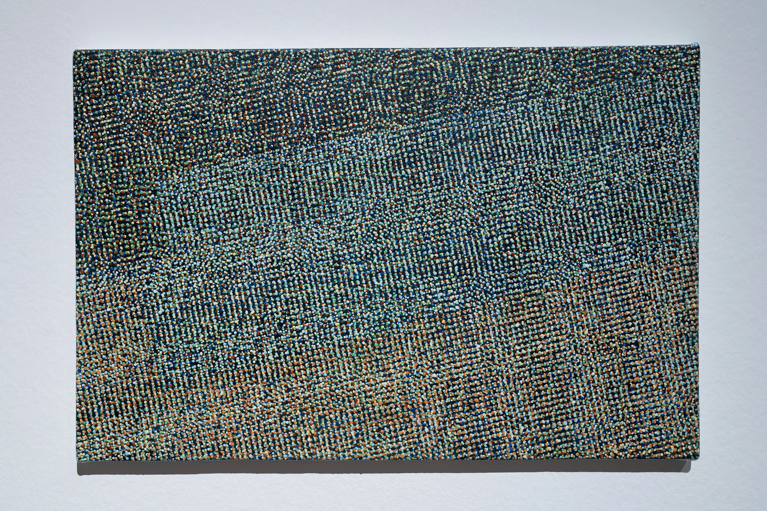 Brianna Howard, 
If the Air Could Keep Count, 
2025, 
Acrylic on canvas mounted on wood. 
12" x 18" x 1/2" 