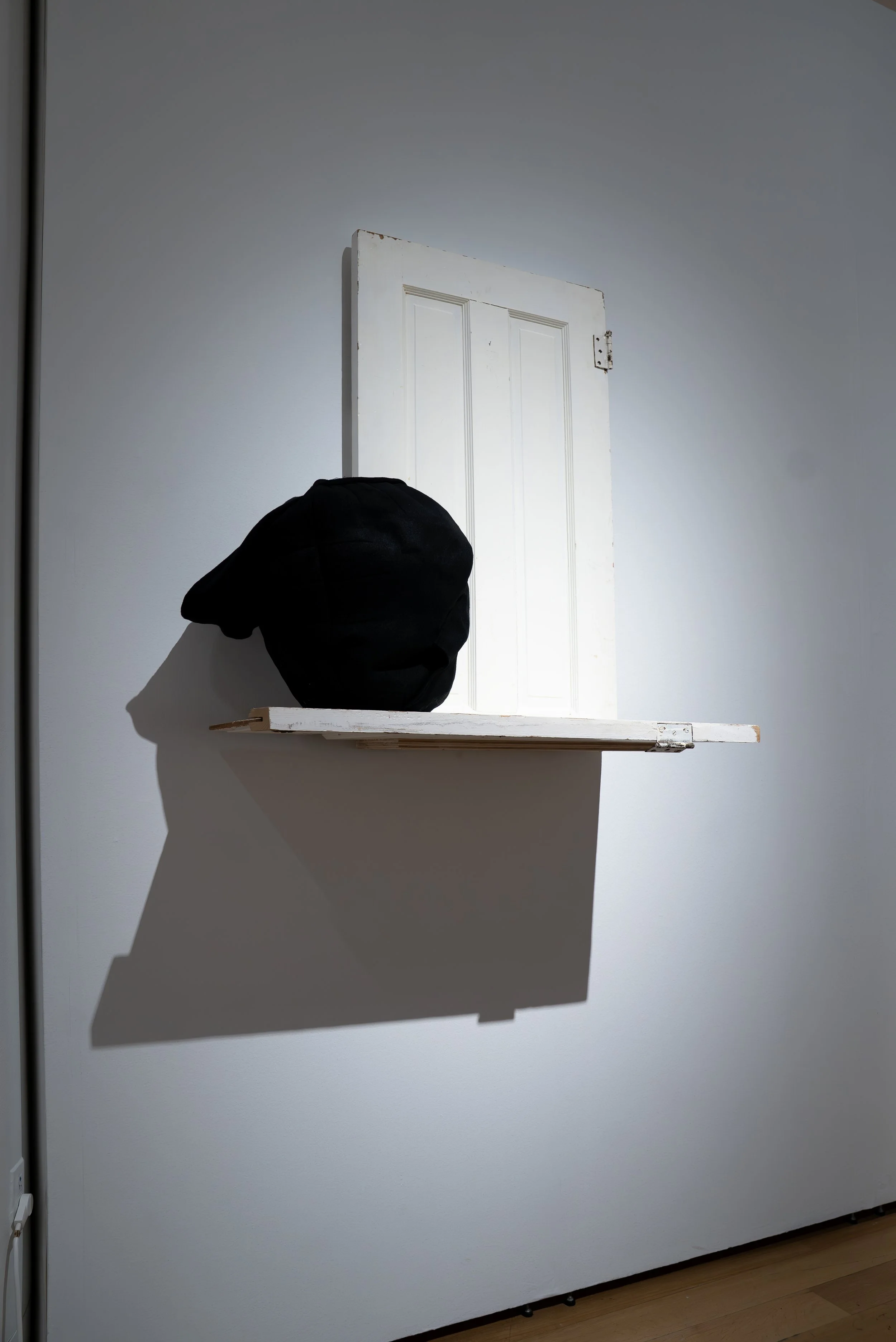 Rich Brown, 
Perpetrator, 
2026, 
Repurposed door; repurposed sweatshirt. 
Dimensions variable 
