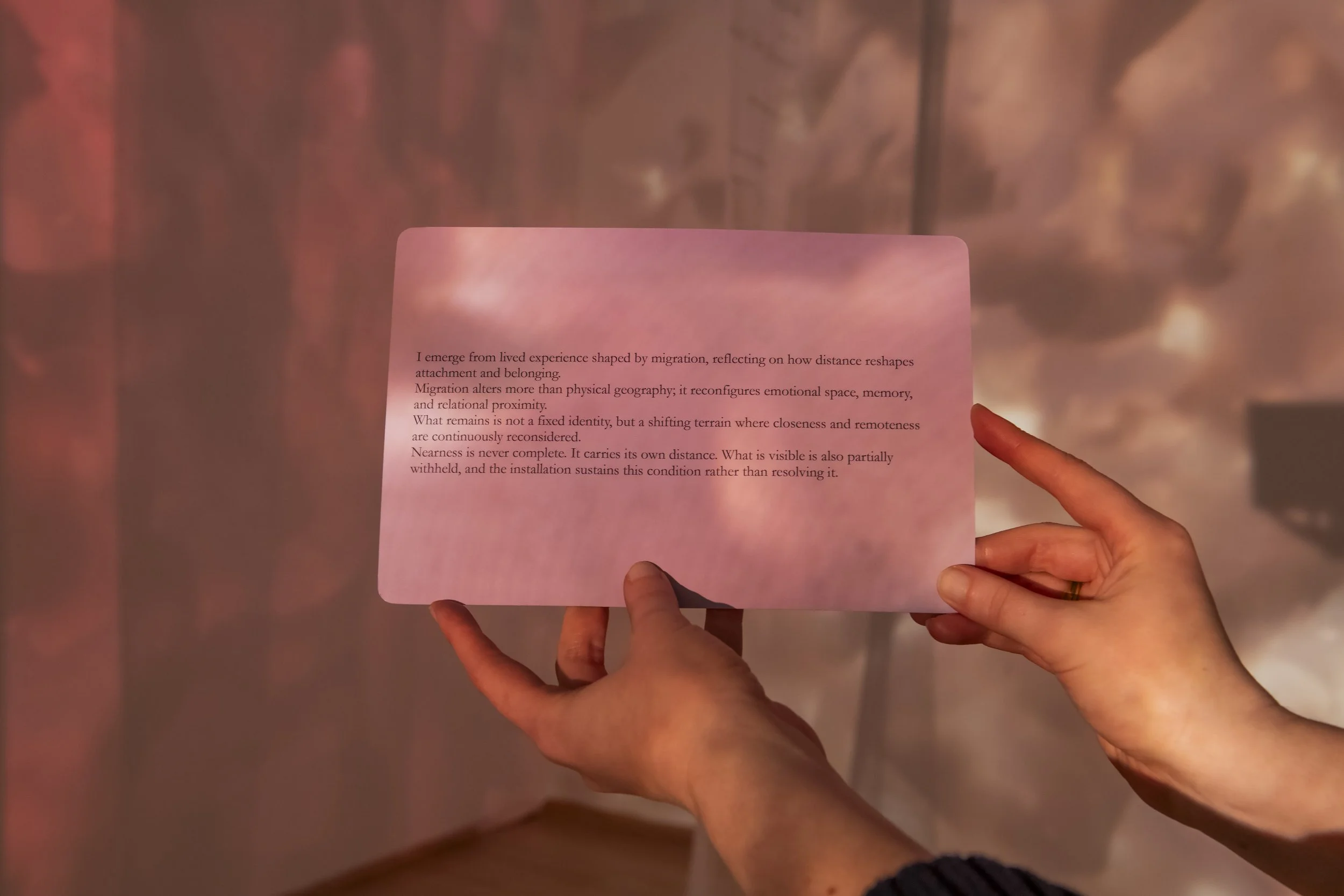 "Your Trace in the Farthest Nearness"
Detail. 
Mixed media installation with overhead projection, phytograms, transparent fabric, and handwritten text. 

Dimensions variable. 

Photo credit: John Carlano 