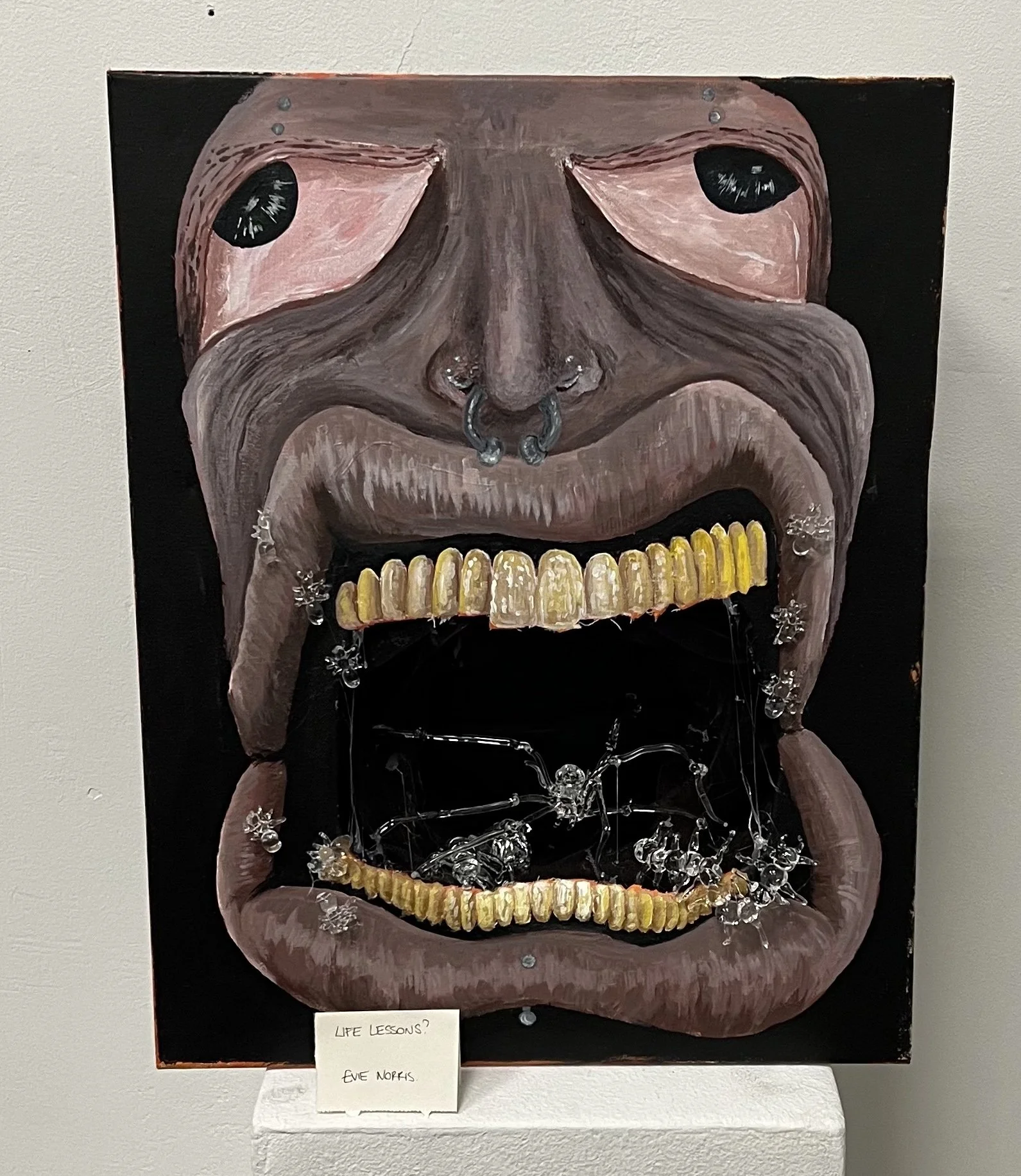 "Life Lessons" 2024, Acrylic on Canvas, Flameworked glass, Cardboard and Tulle, 10" x 
20" x 7"