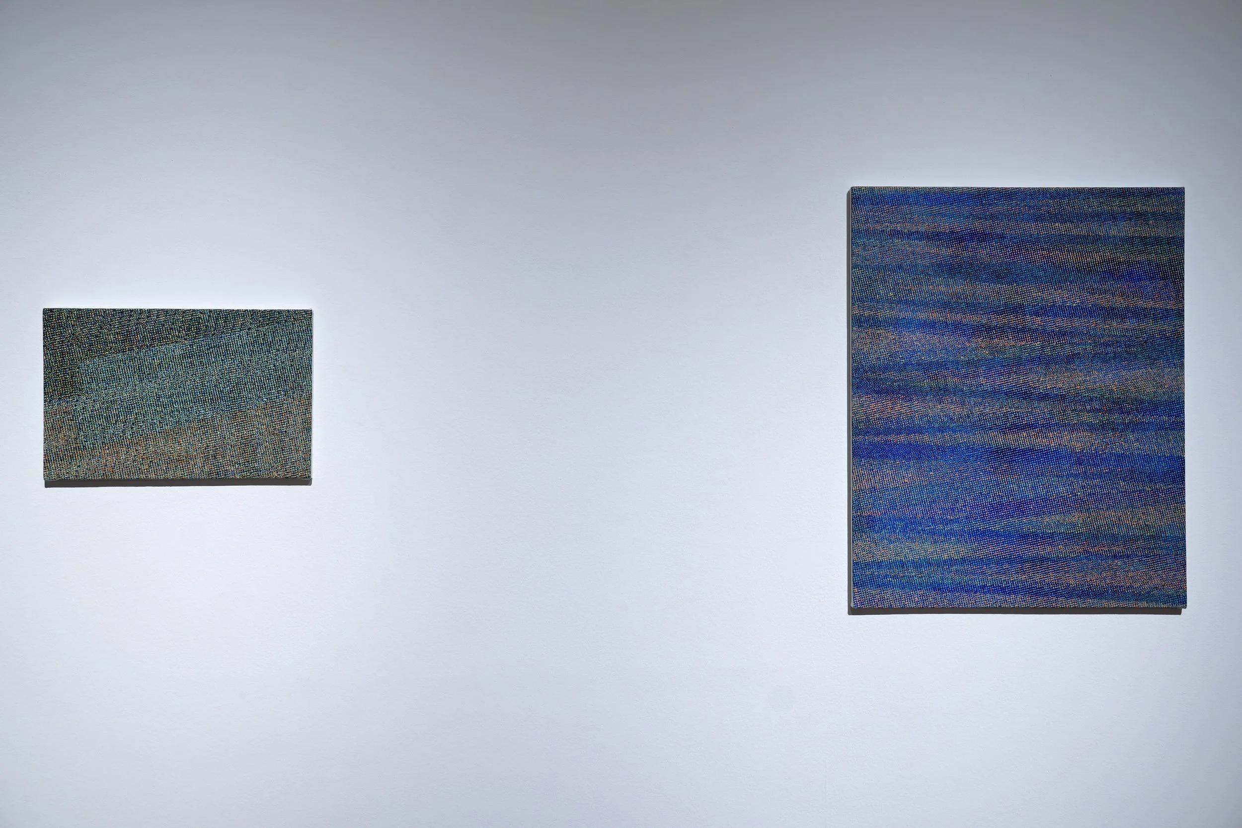 Brianna Howard, 
If the Air Could Keep Count, 
2025, 
Acrylic on canvas mounted on wood. 
12" x 18" x 1/2" 
and
Brianna Howard, 
Signals in Blue Distance, 
2025, 
Acrylic on canvas mounted on wood. 
30" x 24" x 1/2" 