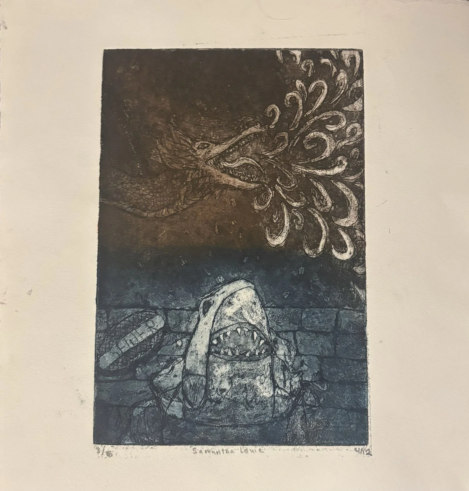 "Childhood Creation" (In color), 2025, Zinc Etching on paper and ink 11" x 11.5"