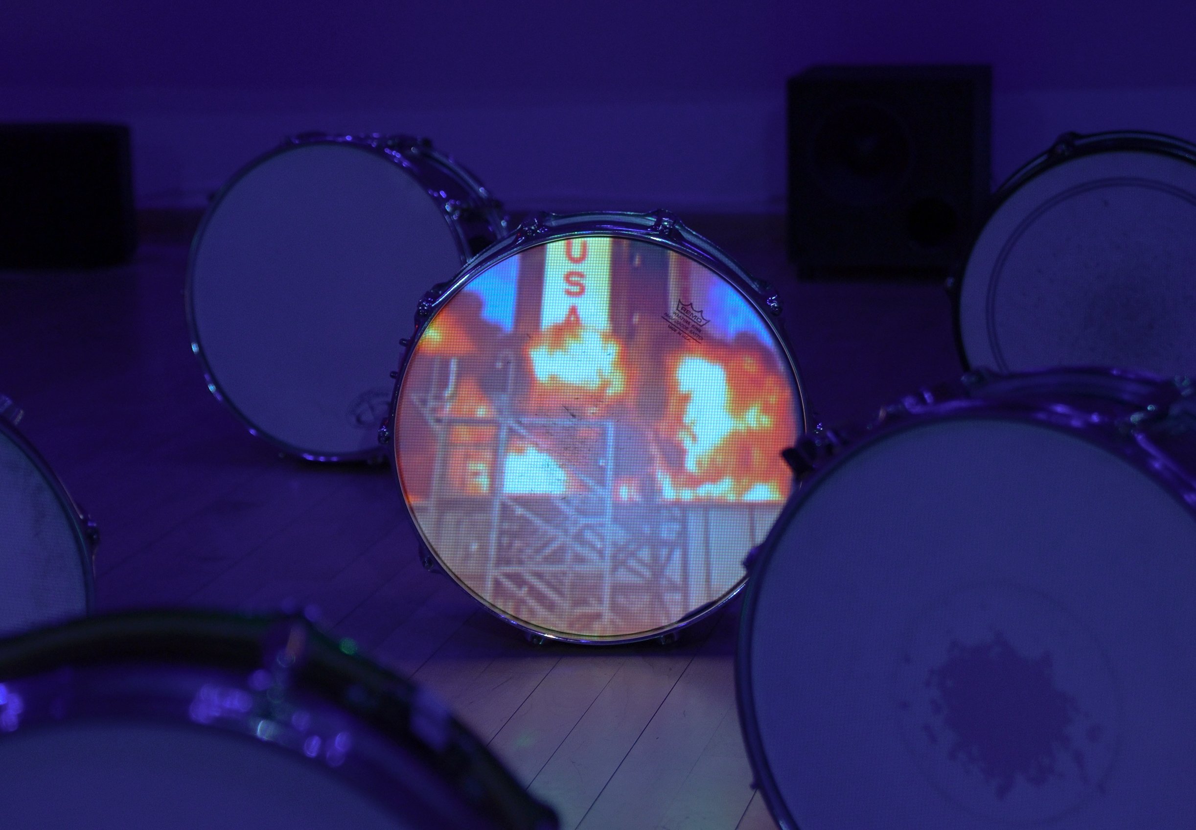 "STAGING" (detail)
04:30 video projection on snare drums, speakers, subwoofer, sub amp, global trusses. Dimensions variable.
Photo Credit: Dilmar Mauricio