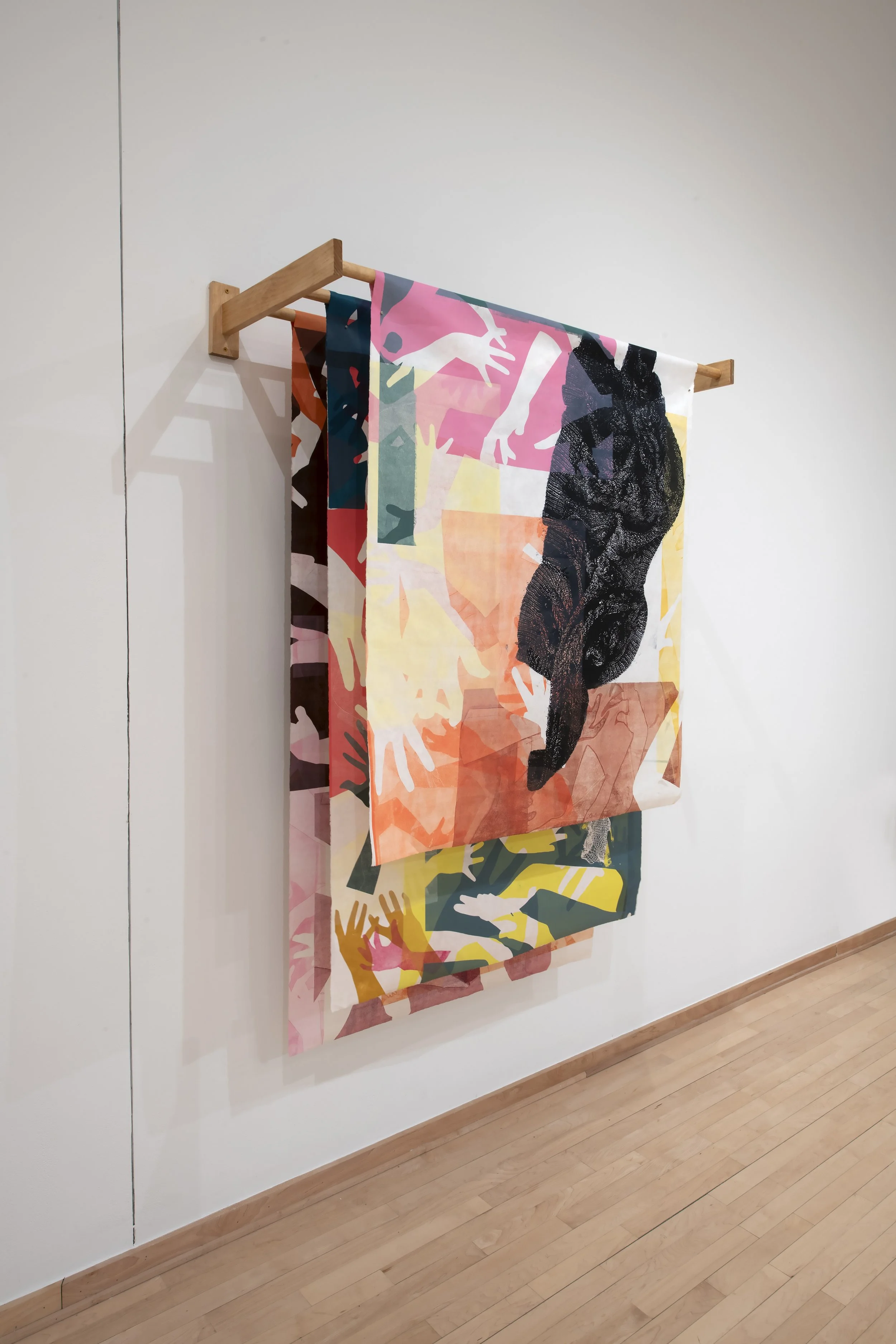 "Working Hands Drying on Rack,"

Mono print on Mulberry Paper, Wood  

60” x 40” x 14” 

Photo credit: John Carlano 