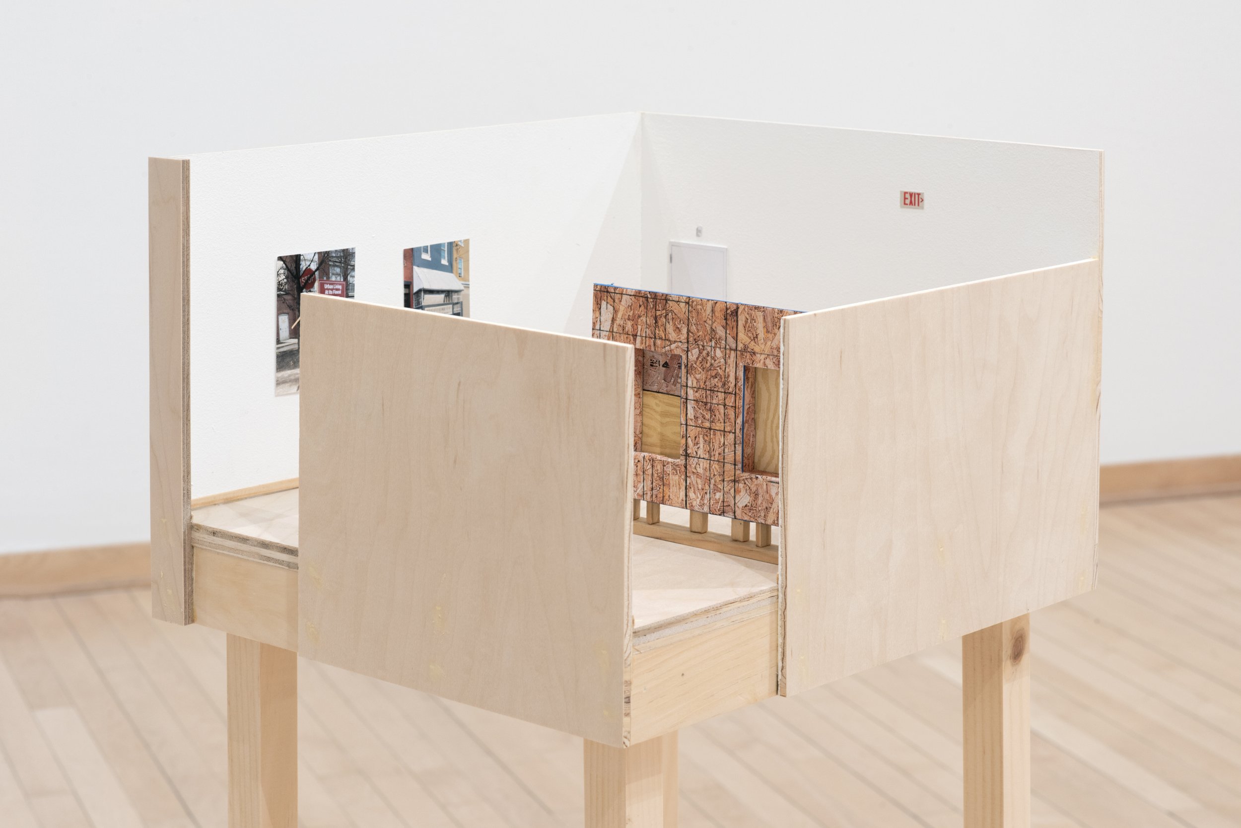 "Potentials, *restrictions apply"
Plywood, pine, inkjet print, concrete, screenprint, masonite, book board, plastic, dollhouse lattice, found objects, insulation board, model fencing
Dimensions variable (individual sculptures are 37” x 12” x 14”)