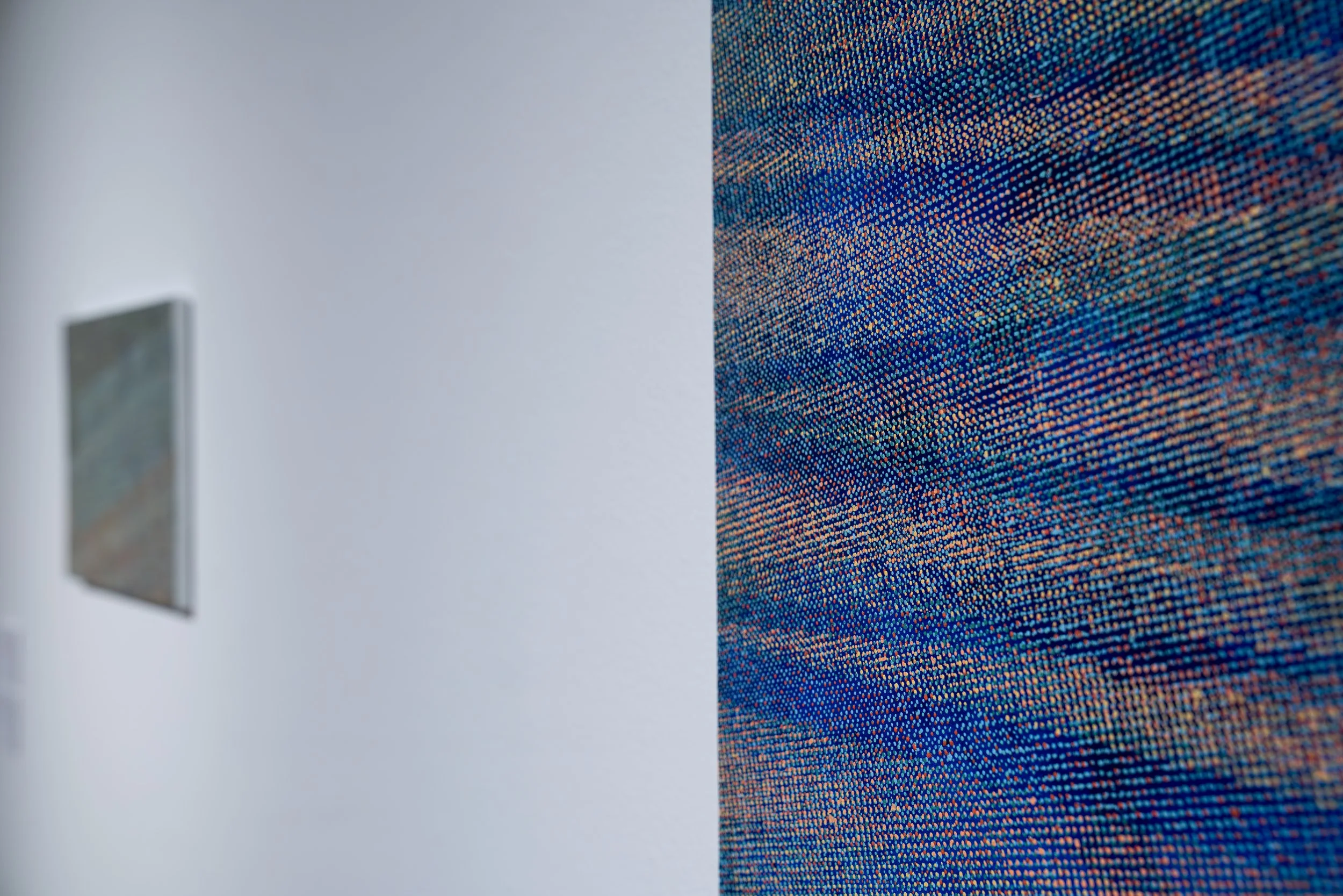 Brianna Howard, 
Signals in Blue Distance, 
2025, 
Acrylic on canvas mounted on wood. 
30" x 24" x 1/2" 