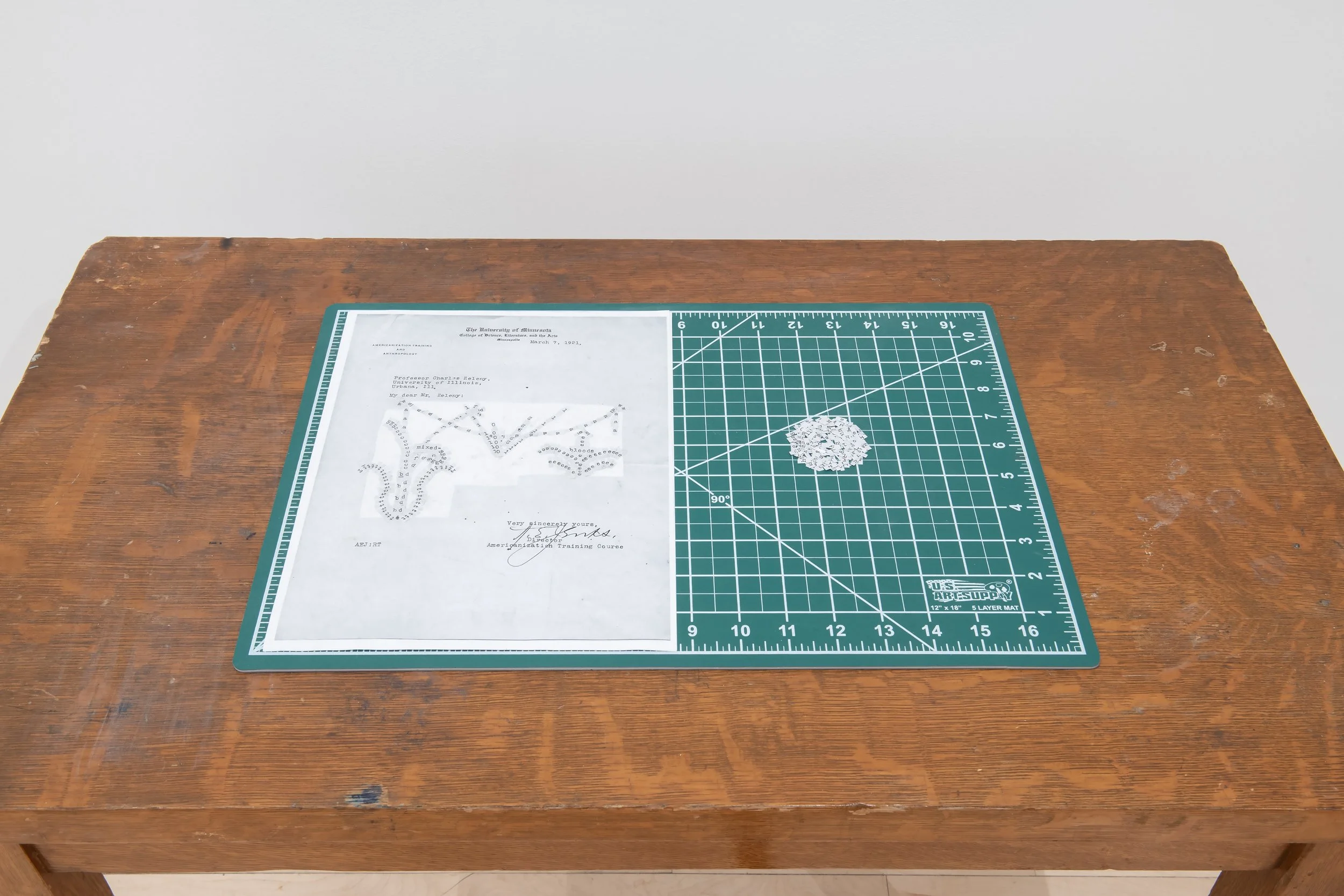"Mixed-Bloods" (detail)
A letter to the artist's eugenicist great-grandfather, self-healing cutting mat, wood desk found in the basement of
Temple University's student center. 30" x 29" x 17".
Photo credit: John Carlano.