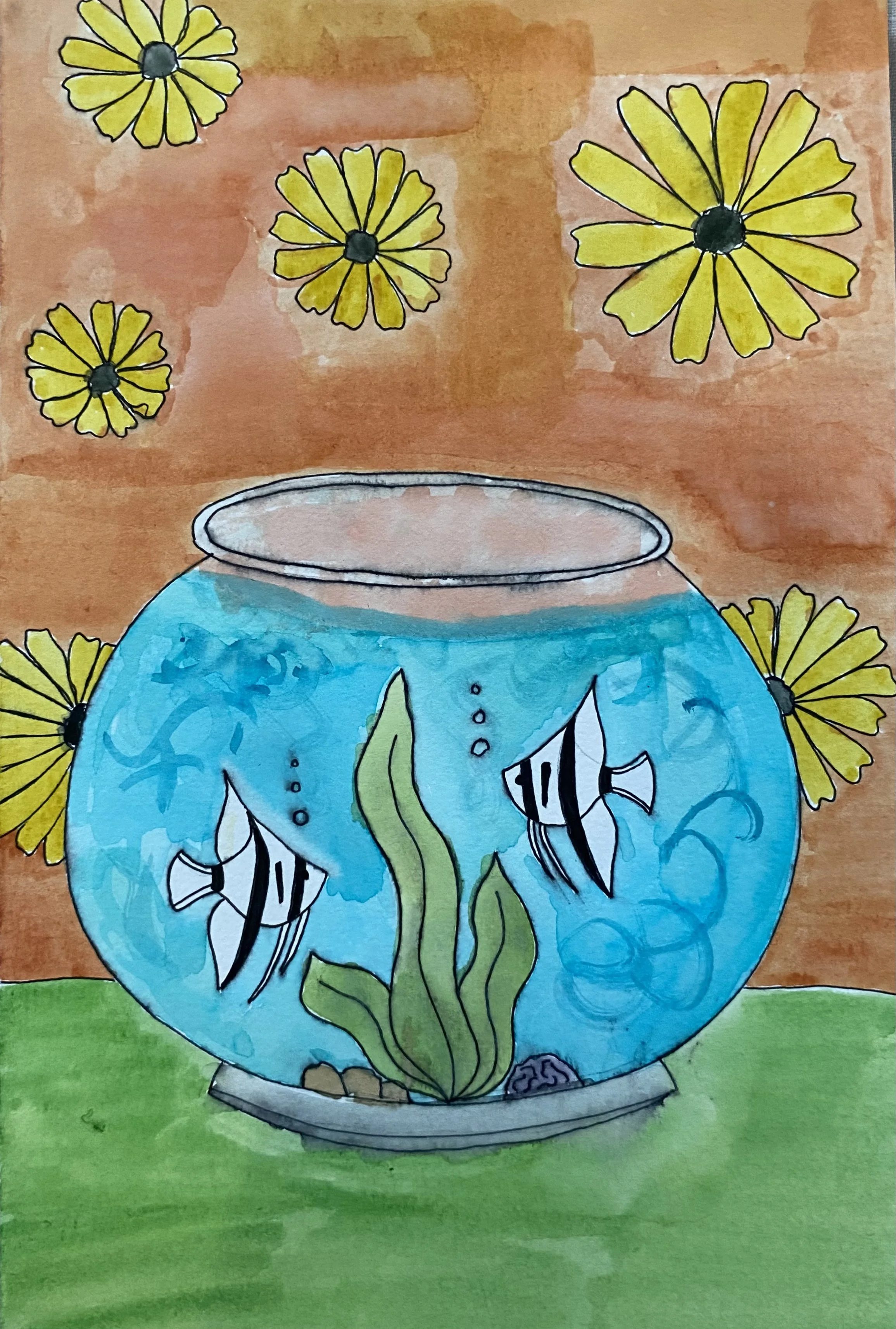 “Recreation of Matisse’s Goldfish," 2022, Watercolor and Pen, 5.5” by 8.5”