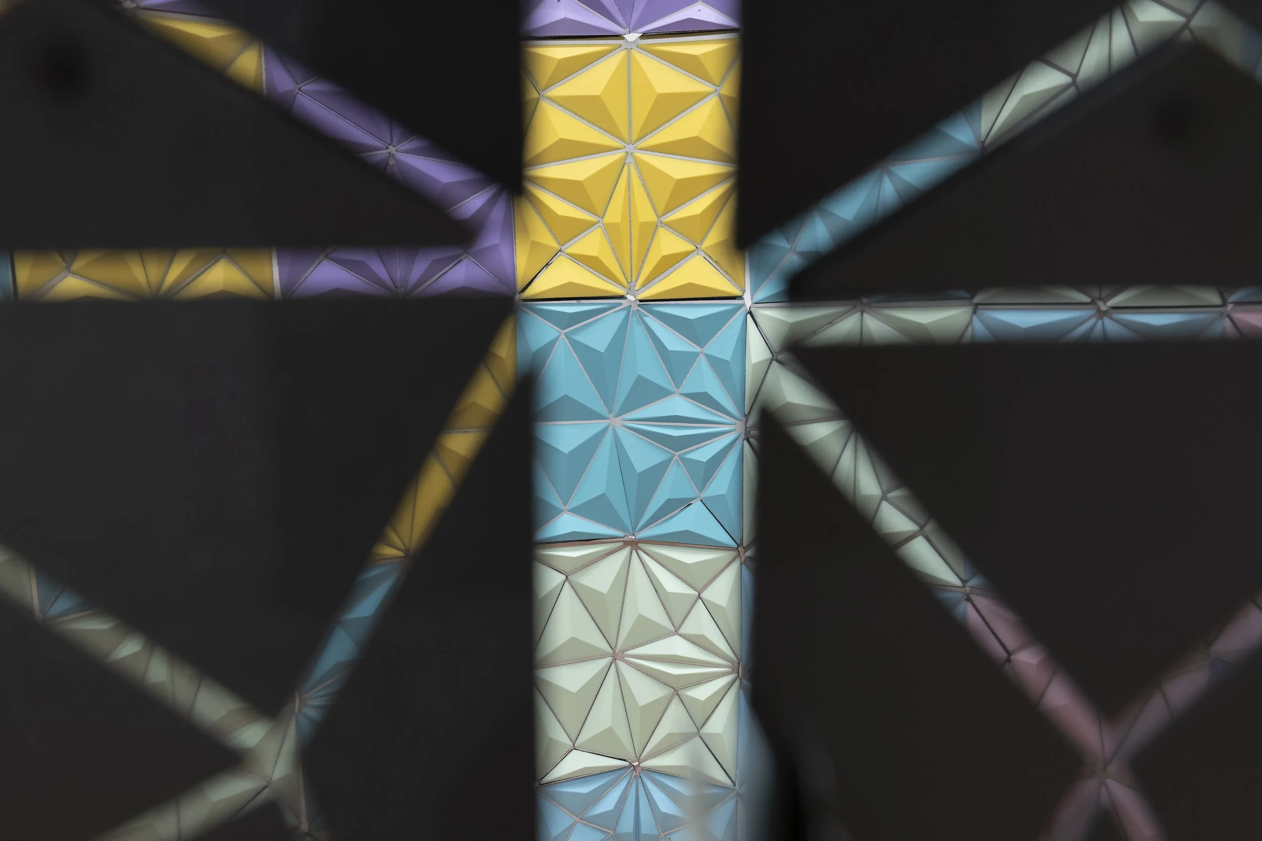 "Interior space" (Installation: a view through mesh) 
PLA, Mesh, Screws. 52”x52”x70”. 
Photo credit: John Carlano 