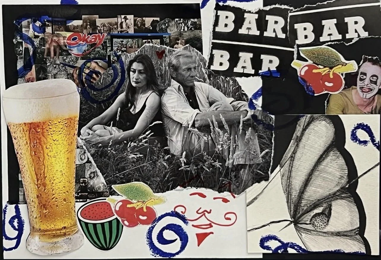 "BAR" 2025, Tempera paint sticks, collage/scrap materials on paper, 9" x 12"