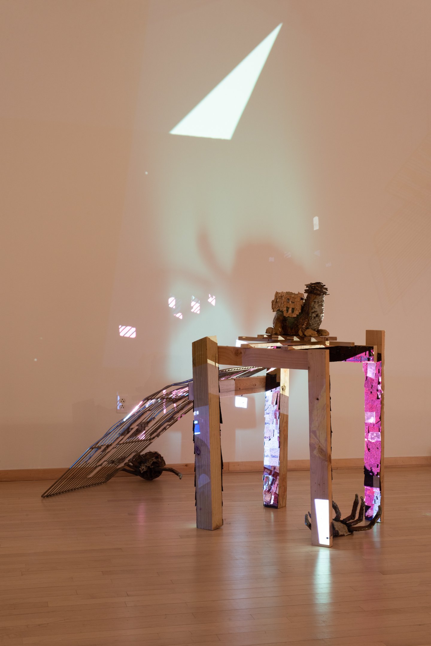 "Board at the Dock"
Installation View
Reclaimed (wood, steel, tiles, roofing and mirror), ceramic, cedar shingles and projection
84” x 30” x 44”
Photo Credit: Neighboring States