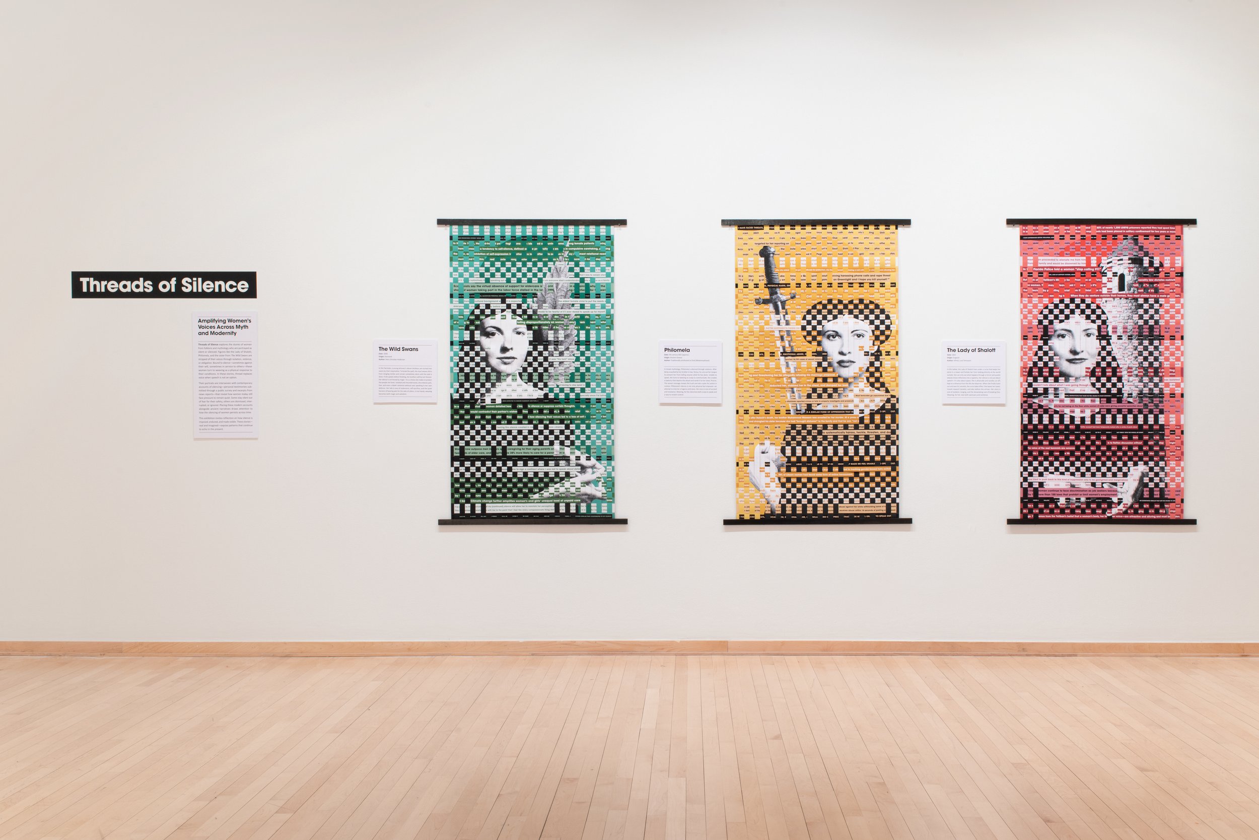 "Threads of Silence: The Wild Swan, Philomela, and The Lady of Shalott"
Installation view.
Matte paper, woven. Wood. 60” H by 36” W.
Photo credit: Neighboring States.