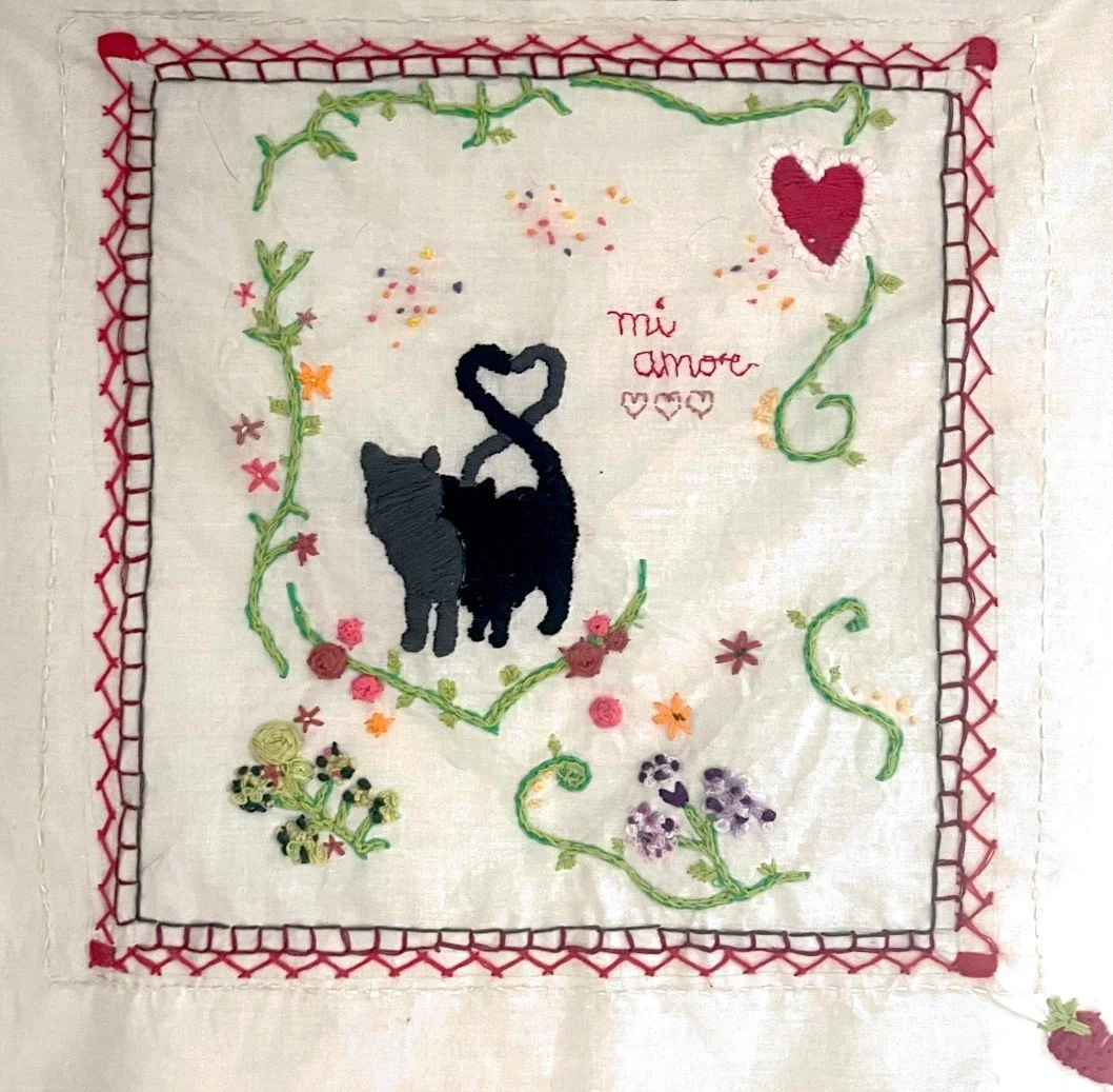 Mi Amor, 2023; Embroidery thread, white linen sheet (cut and surged); 11 ¾” x 12 ½”