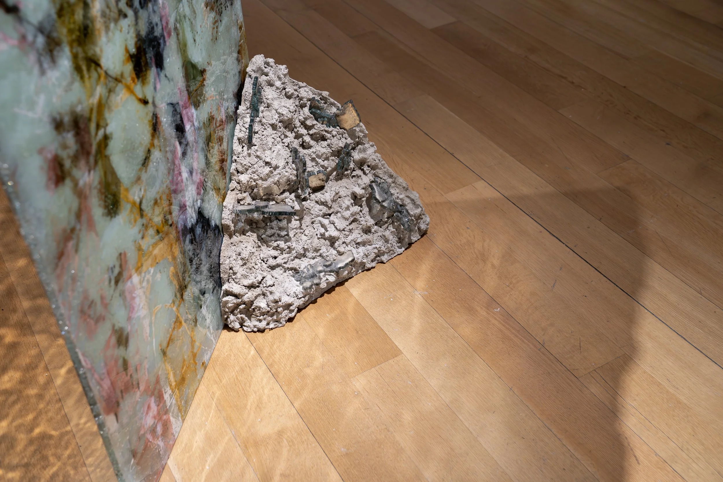 Laura Sallade, 
Mapping Occurrence, 
2026, 
Glass, silver, concrete, mixed-media paints,  
mylar, resin. 
Dimensions variable 