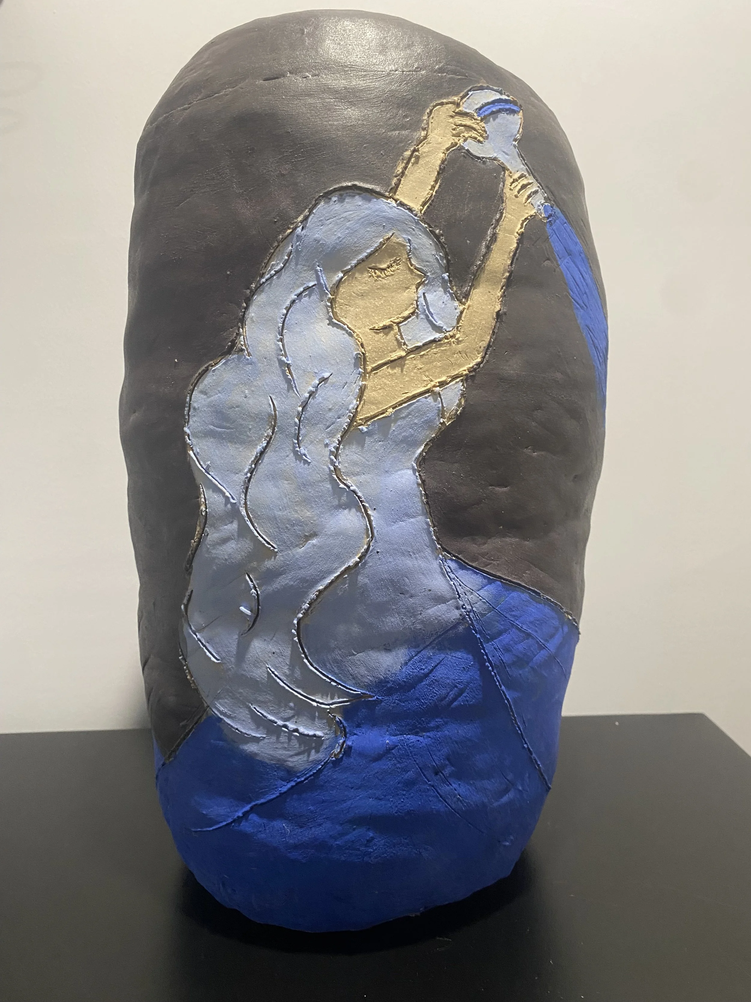 "Moon Jar 1" 2024, Ceramic and underglaze, 12” x 7” 