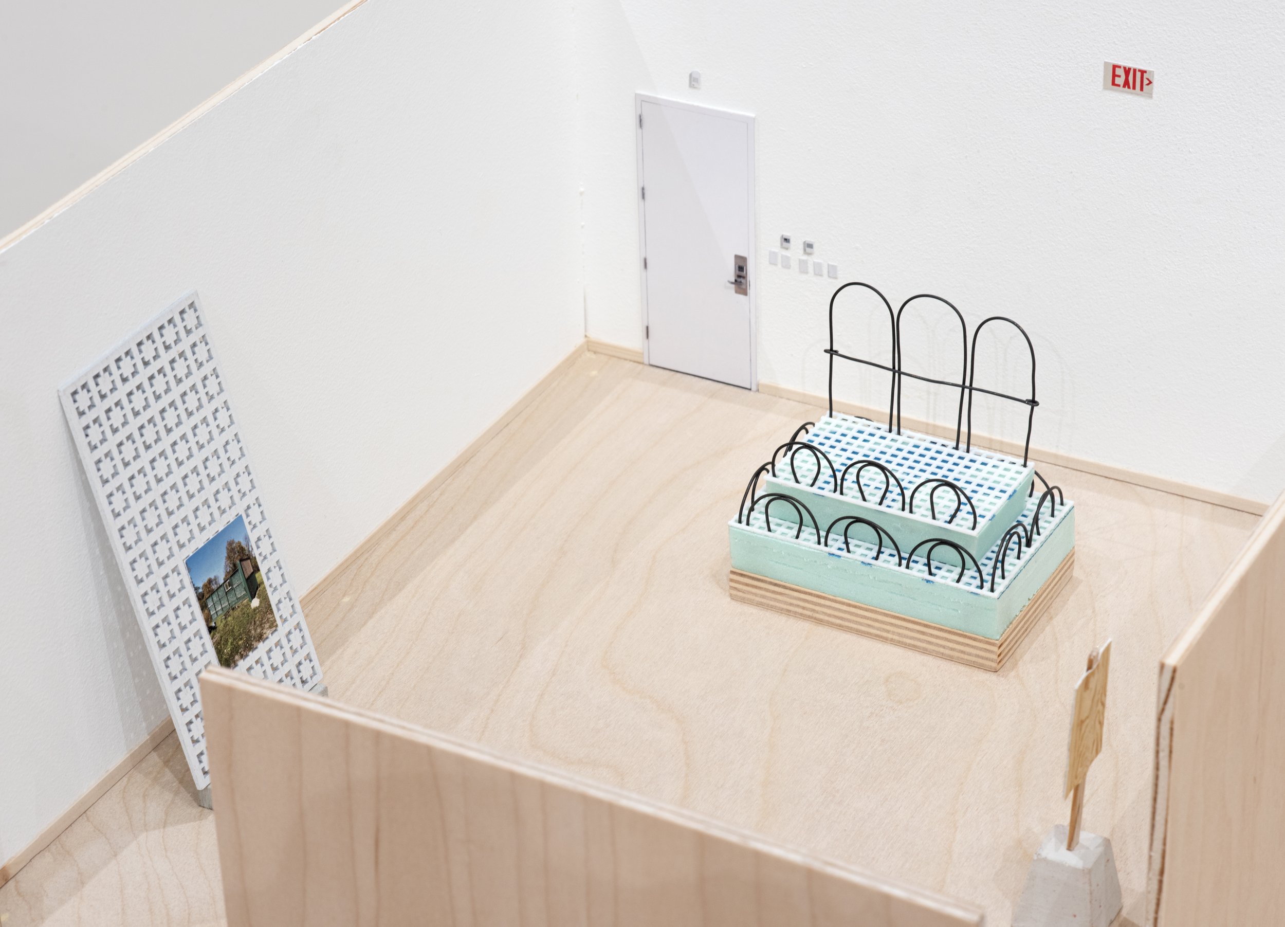 "Potentials, *restrictions apply
(detail)
Plywood, pine, inkjet print, concrete, screenprint, masonite, book board, plastic, dollhouse lattice, found objects, insulation board, model fencing
Dimensions variable (individual sculptures are 37” x 1