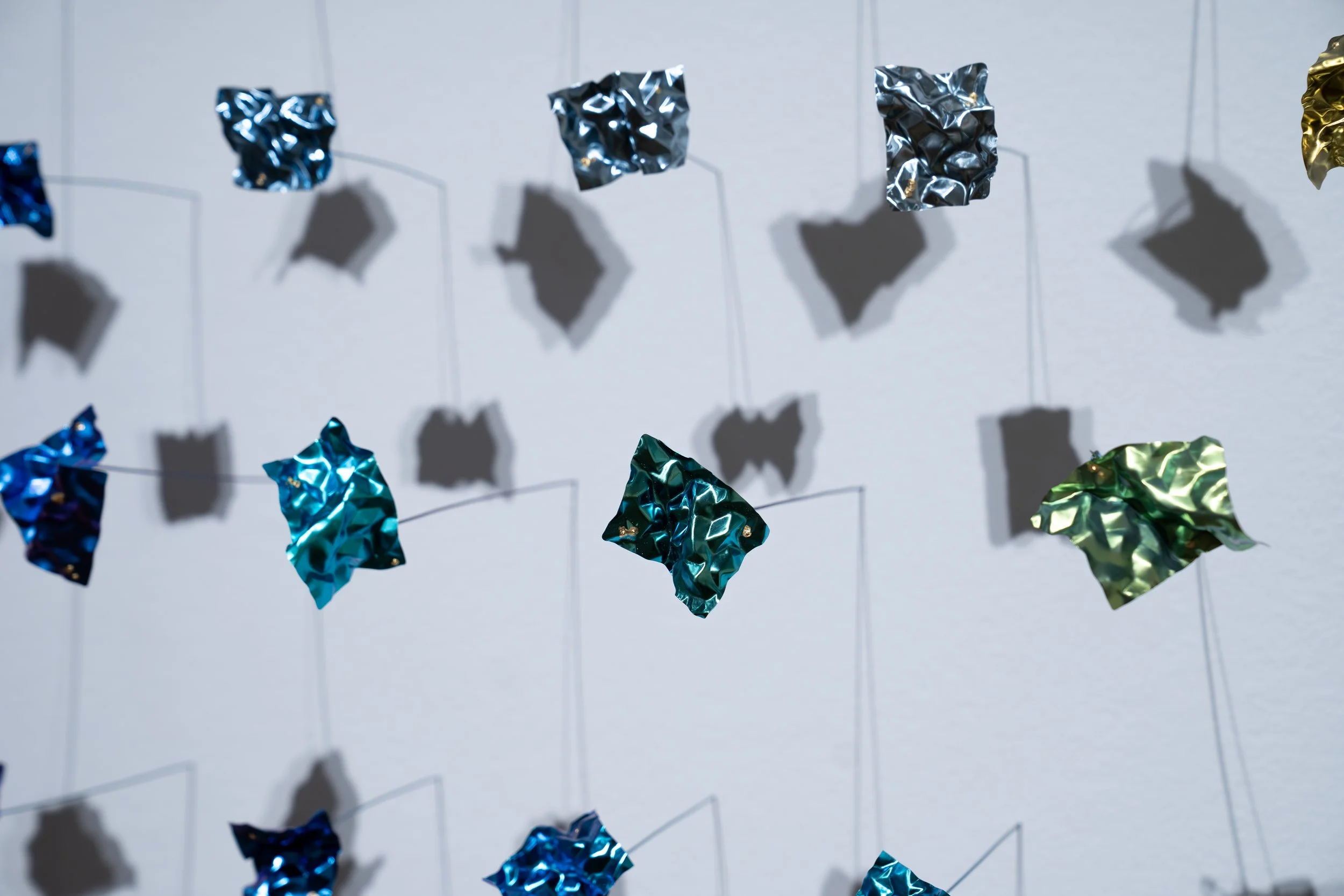 Weiwei Li, 
Quiet Fragments, 
2026, 
Titanium, niobium, gold foil. 
38 individual pieces. 
 55" x 17" x 6"