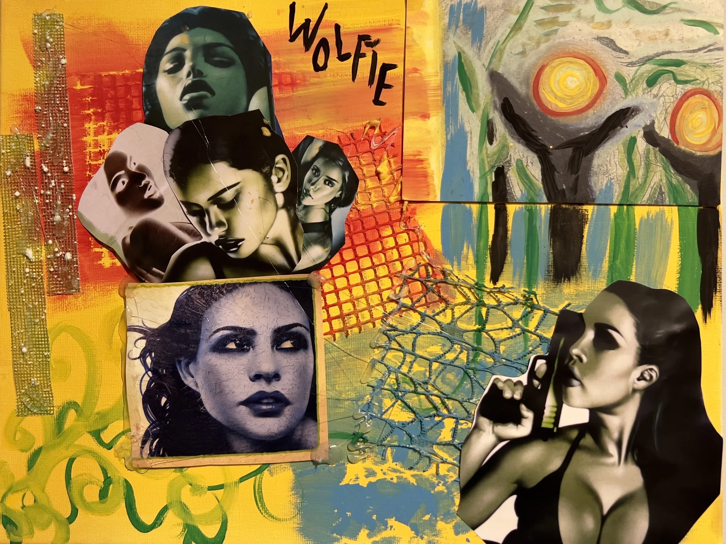 Untitled, 2025, acrylic paint, markers, nets, hot glue, cut magazine scraps on canvas, 11" x 14"