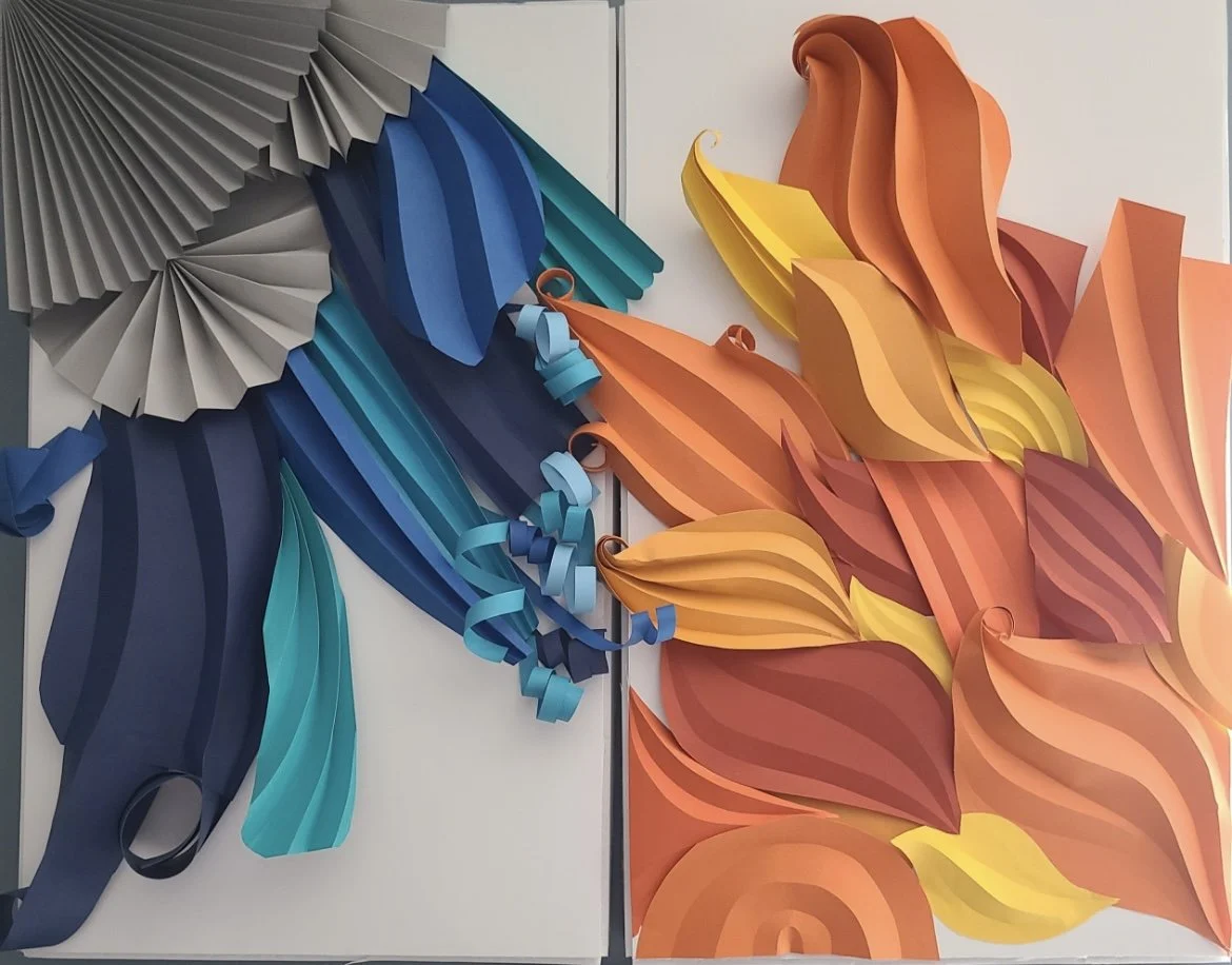 "Elements" 2023. Paper, tacky glue, foam board panels. 18" x 24" each 