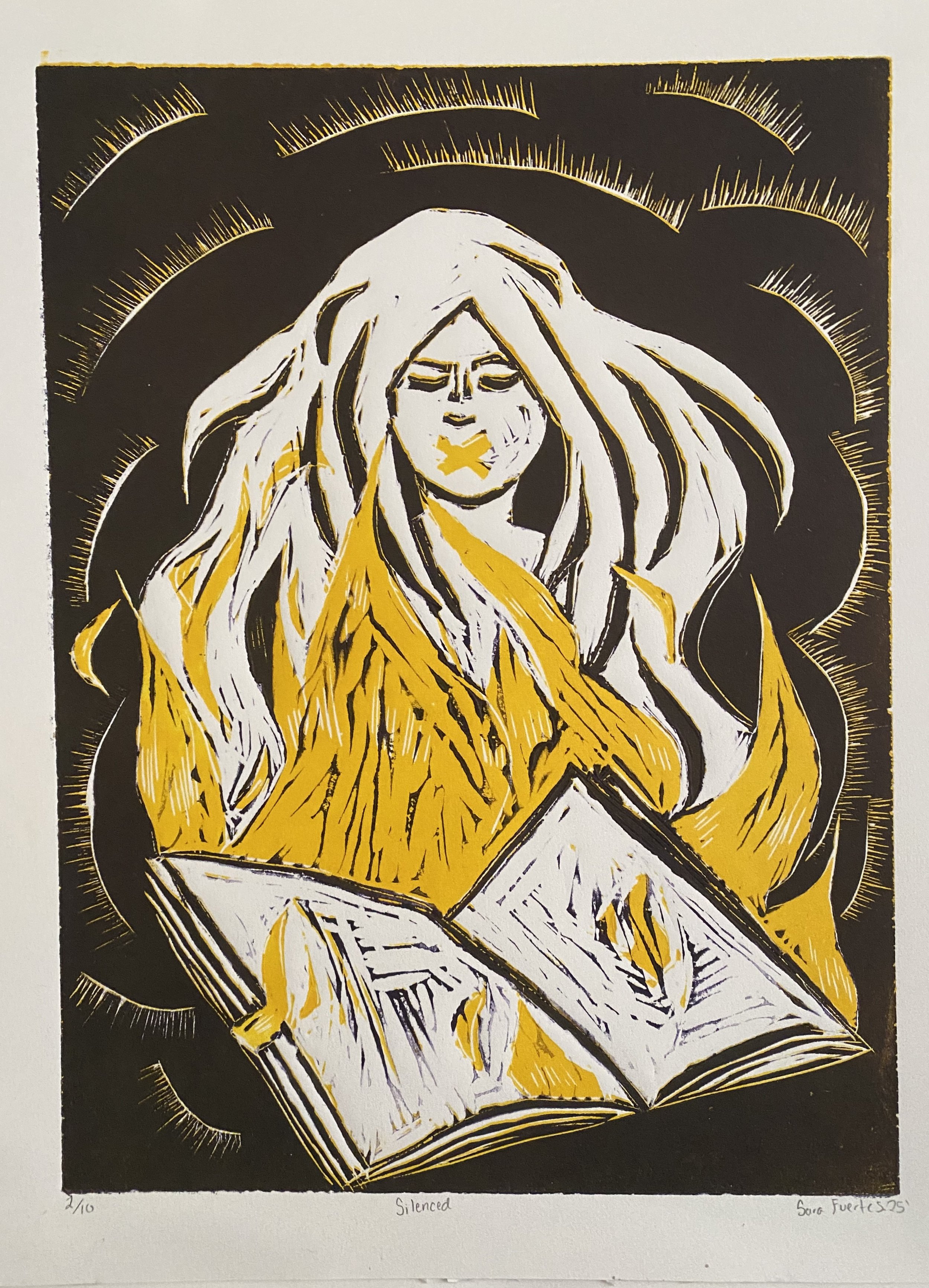 "Silenced" 2025, Lino block reduction print, 12” x 9” 