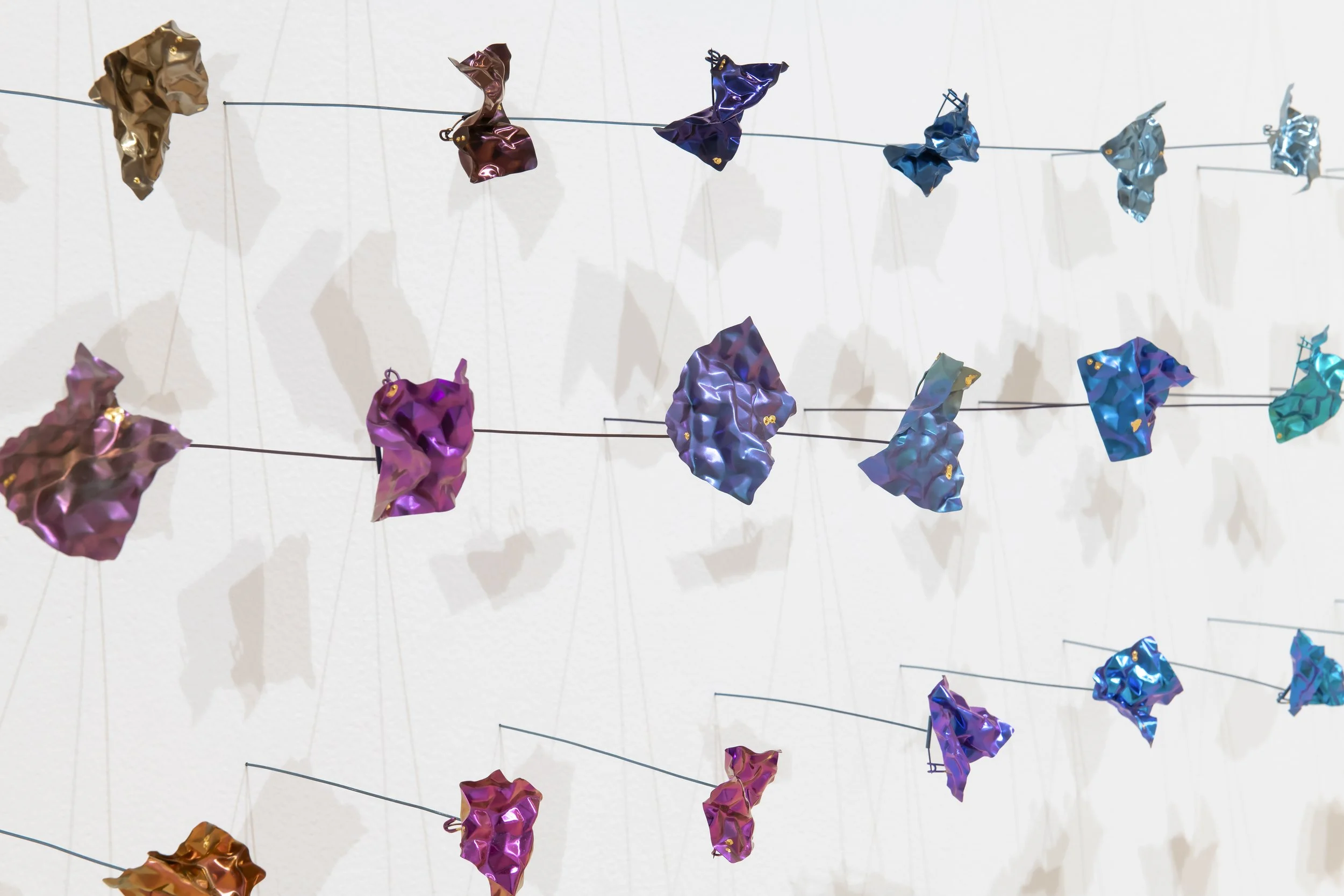 "Quiet fragments: (38 brooches made with anodized titanium and niobium)"
Titanium, Niobium, gold foil. Dimensions variable: 38 pieces in total, individual one is around 
2.7”x1.5”x0.007” 
Photo credit: John Carlano