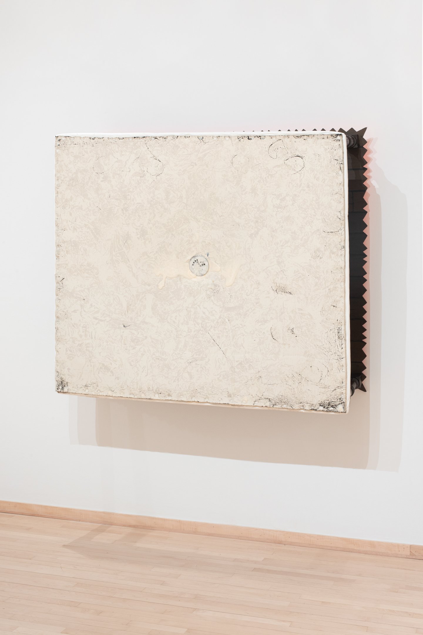 "Mattress Painting #1" 2025, 62"x55.5"x20.2", foam pad, mdf, wooden rails, paint, soy wax, The first in a new series of sculptural paintings that examine the mattress as a portrait. The foam is the canvas and our bodies the brushes and paint. What ma